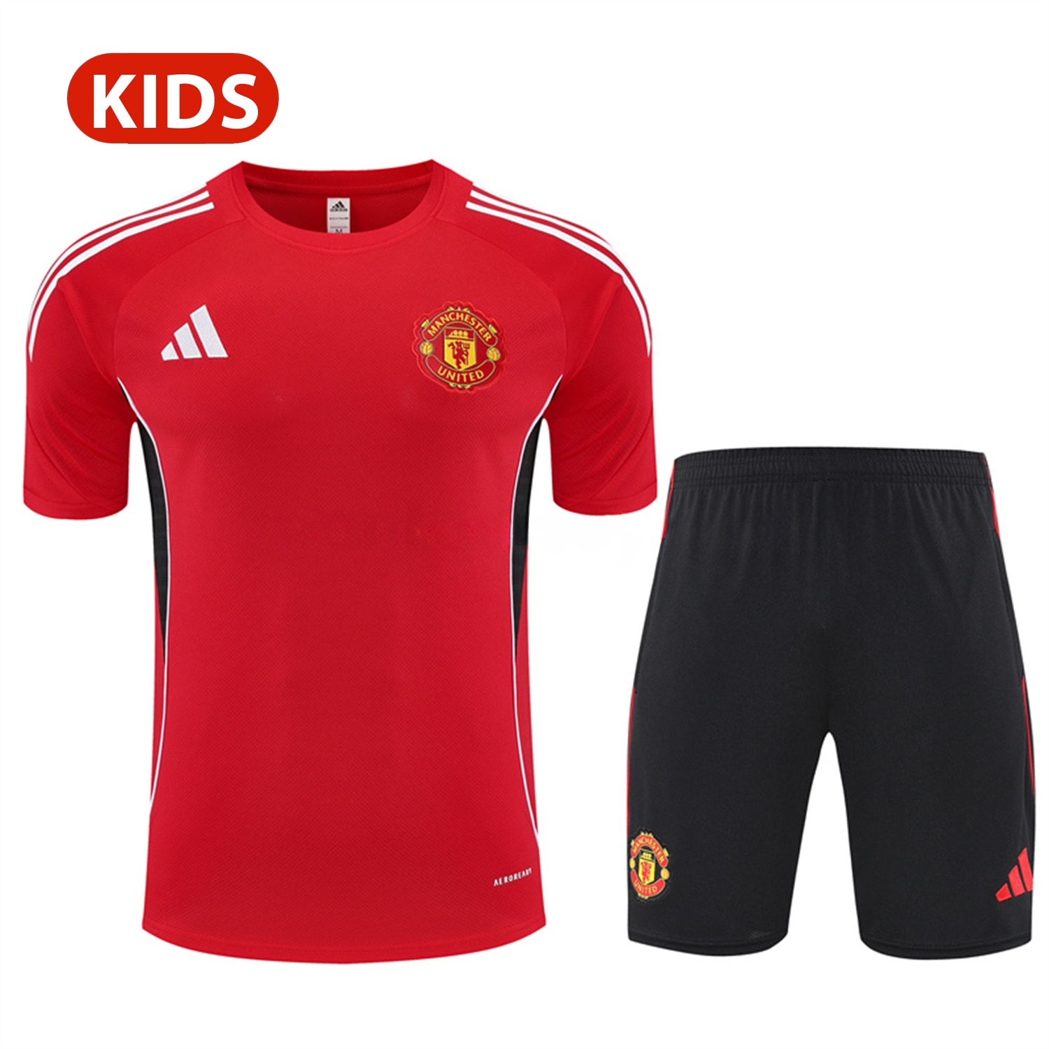 Manchester United 25-26 Kid Short-Sleeve Training Set - Red Top & Black Shorts - UnitedFutballJersey