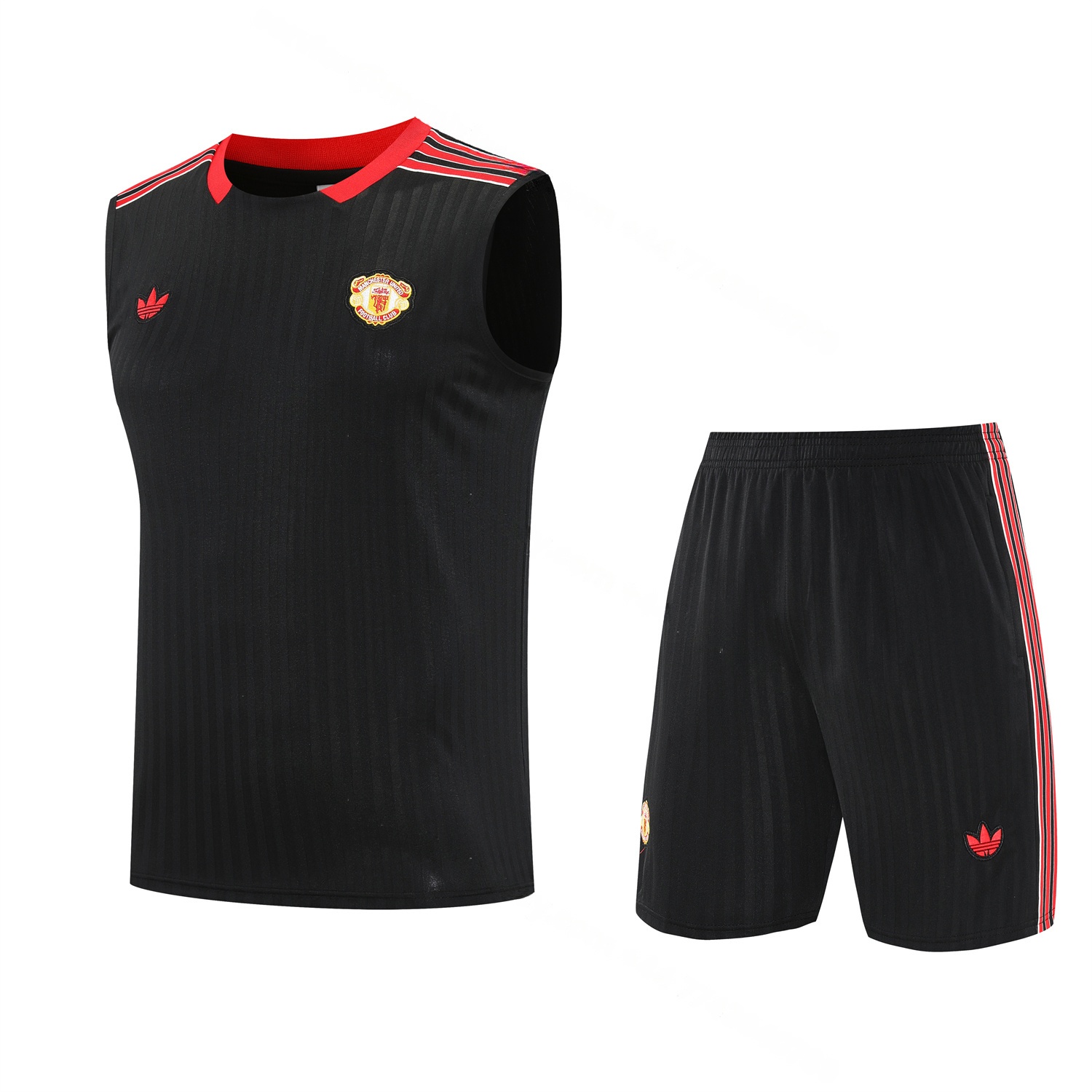 Manchester United 25-26 Vest Training Set - Red Retro Logo Black Vest & Black Shorts - UnitedFutballJersey