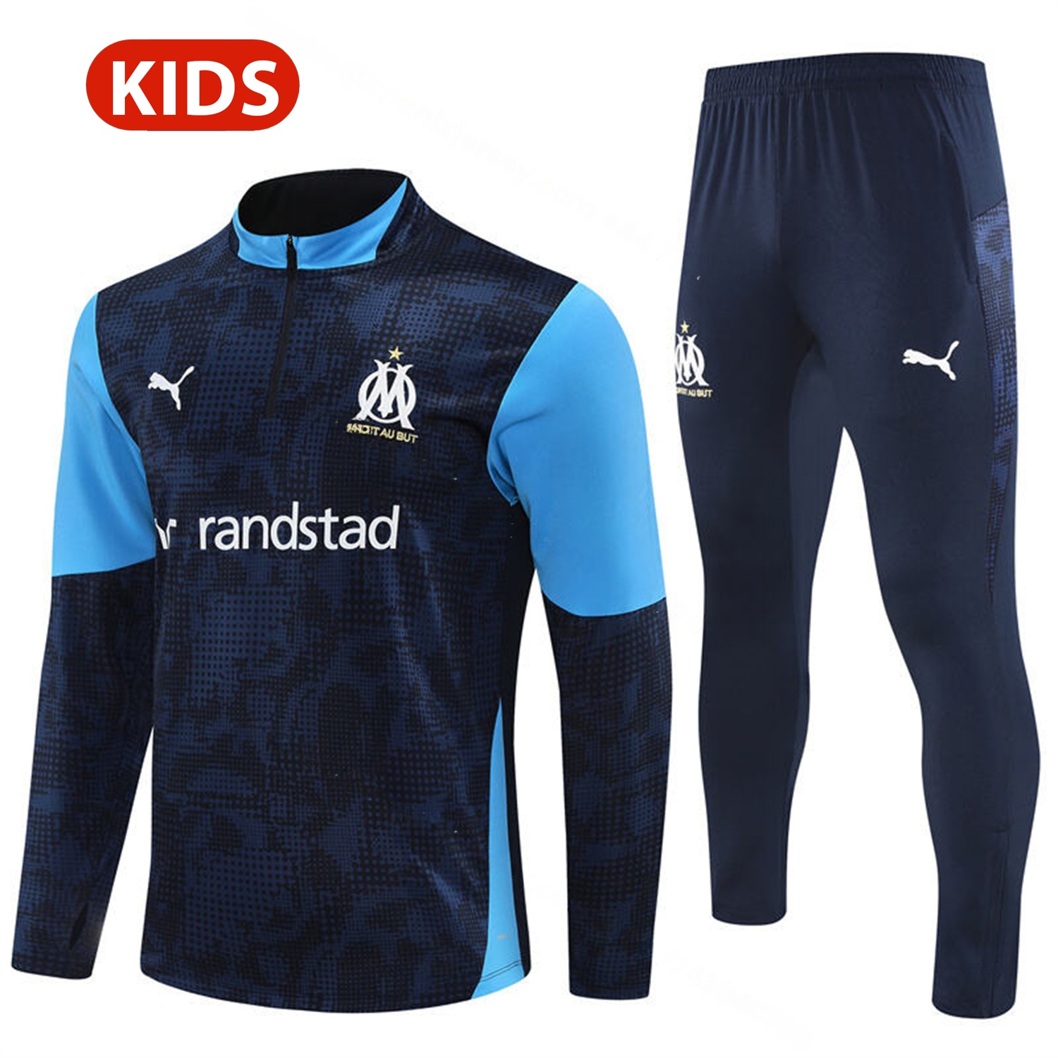 Marseille 25-26 Kids Long Sleeve Training Set - Royal Blue Top & Royal Blue Pants - UnitedFutballJersey