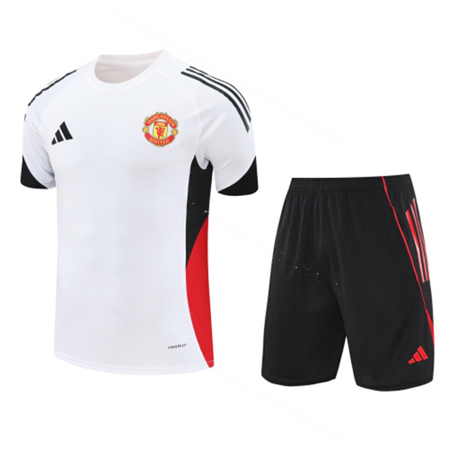 Manchester United 25-26 Short-Sleeve Training Set - Red Black Blocks White Top & Black Shorts - UnitedFutballJersey