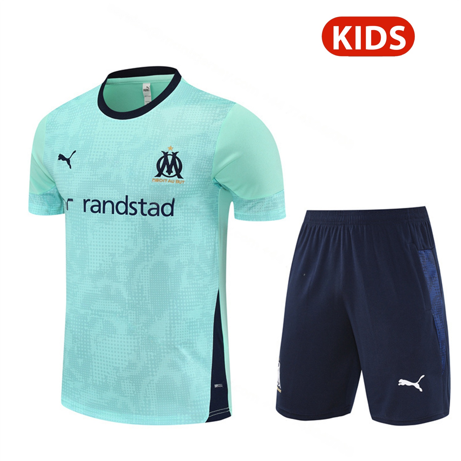 Marseille 25-26 Kids Short-Sleeve Training Set - Nattierblue Top & Deep Blue Pants - UnitedFutballJersey