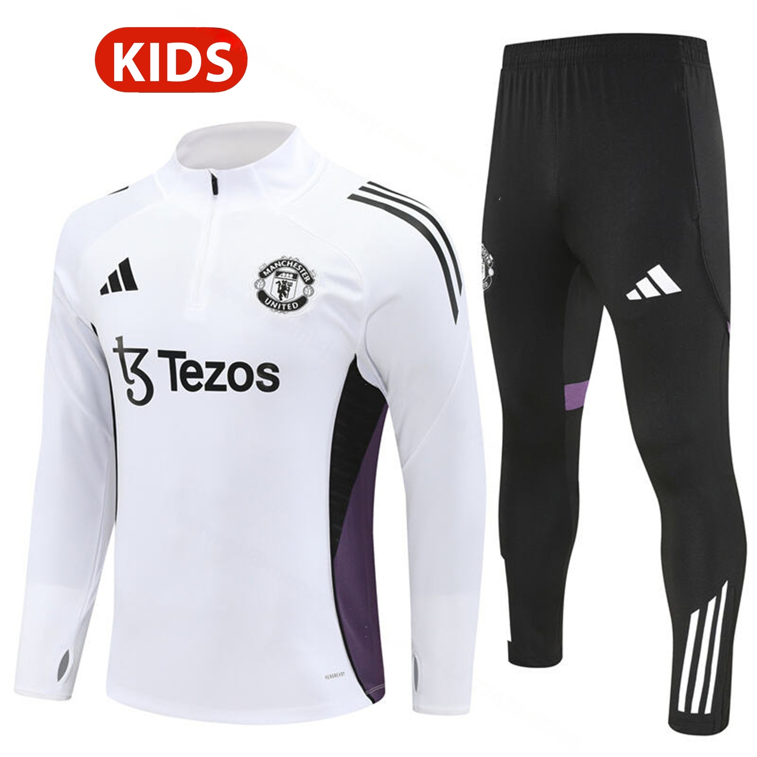 Manchester United 25-26 Kids Long Sleeve Training Set - White Top & Black Pants - UnitedFutballJersey