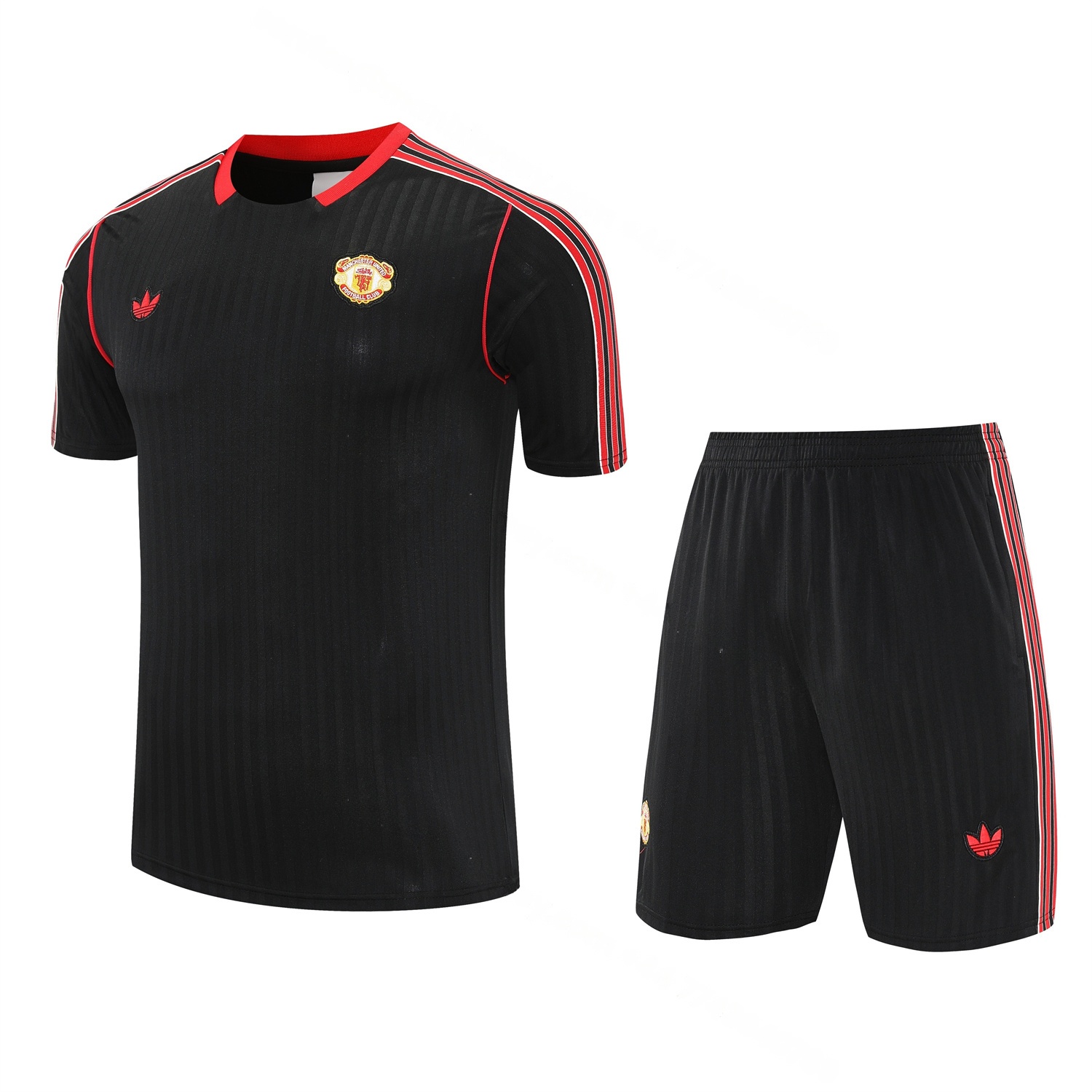 Manchester United 25-26 Short-Sleeve Training Set - Red Lines Black Top & Black Shorts - UnitedFutballJersey
