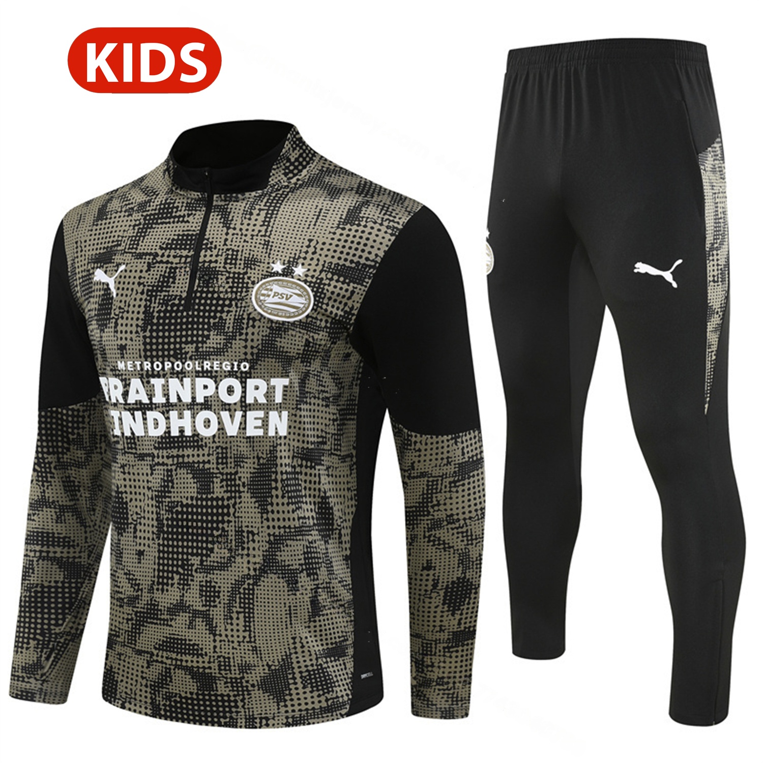 PSV Eindhoven 25-26 Kids Long Sleeve Training Set - Army Green Top & Black Pants - UnitedFutballJersey