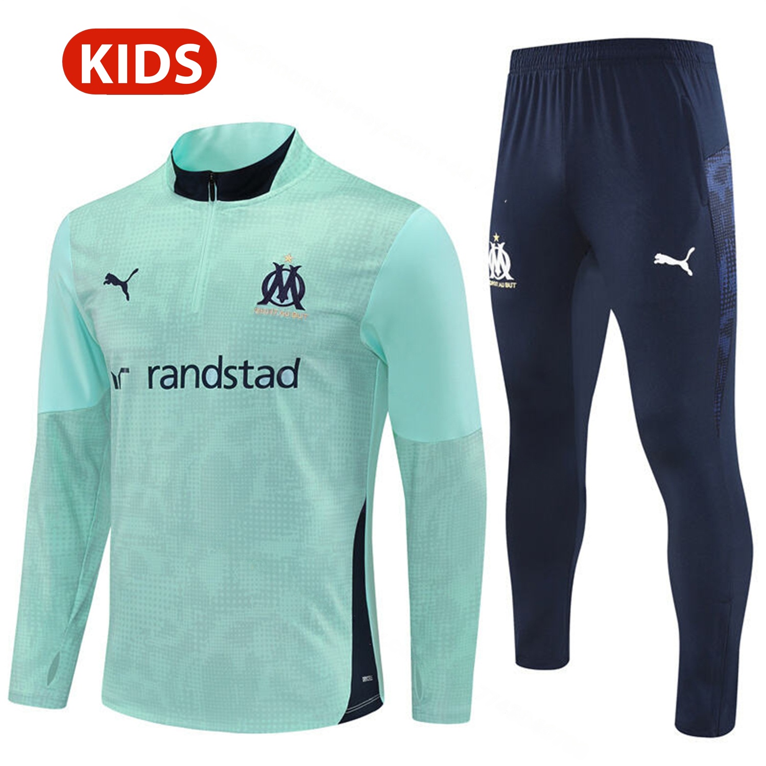 Marseille 25-26 Kids Long Sleeve Training Set - Nattierblue Top & Deep Blue Pants - UnitedFutballJersey