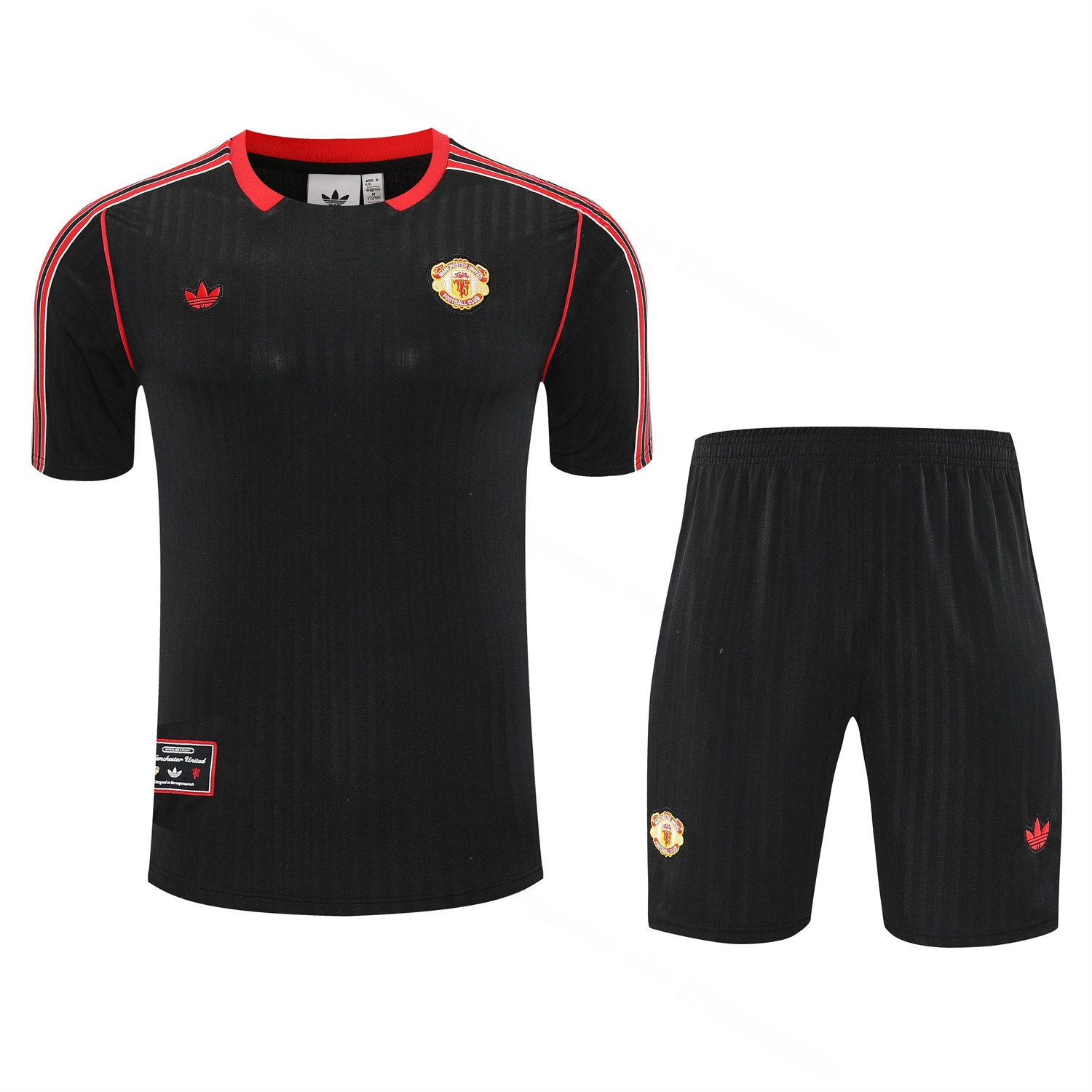 Manchester United 25-26 Short-Sleeve Training Set - Red Lines Black Top & Black Shorts - UnitedFutballJersey