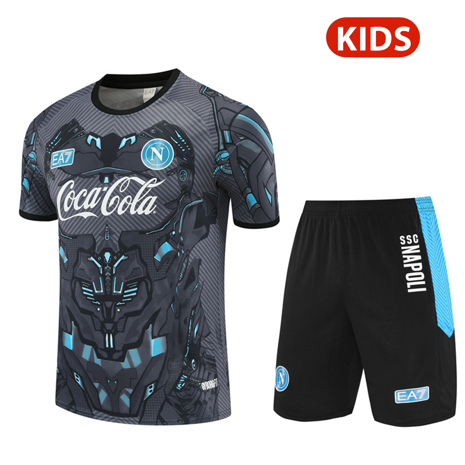 Napoli 25-26 Kids Short-Sleeve Training Set - Gray Mecha Top & Black Shorts - UnitedFutballJersey