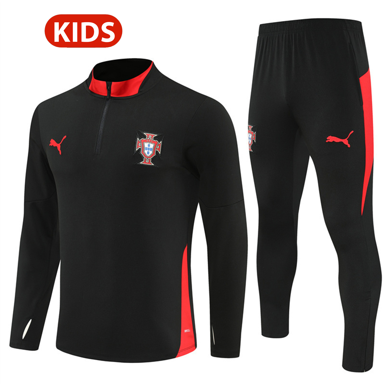 Portugal 25-26 Kids Long Sleeve Training Set - Black Top & Black Pants - UnitedFutballJersey