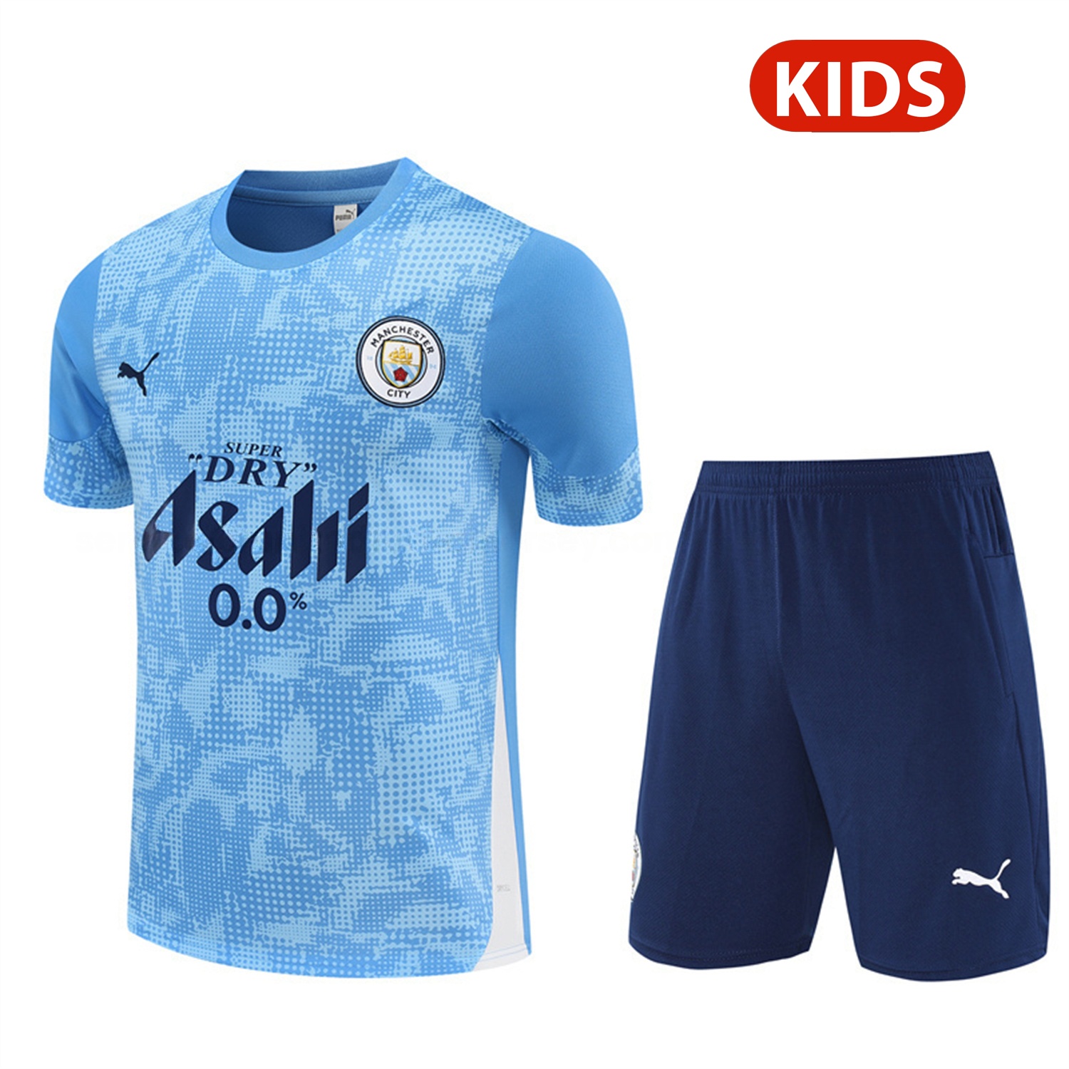 Manchester City 25-26 Kids Short-Sleeve Training Set - Light Blue Camouflage Top & Deep Blue Shorts - UnitedFutballJersey
