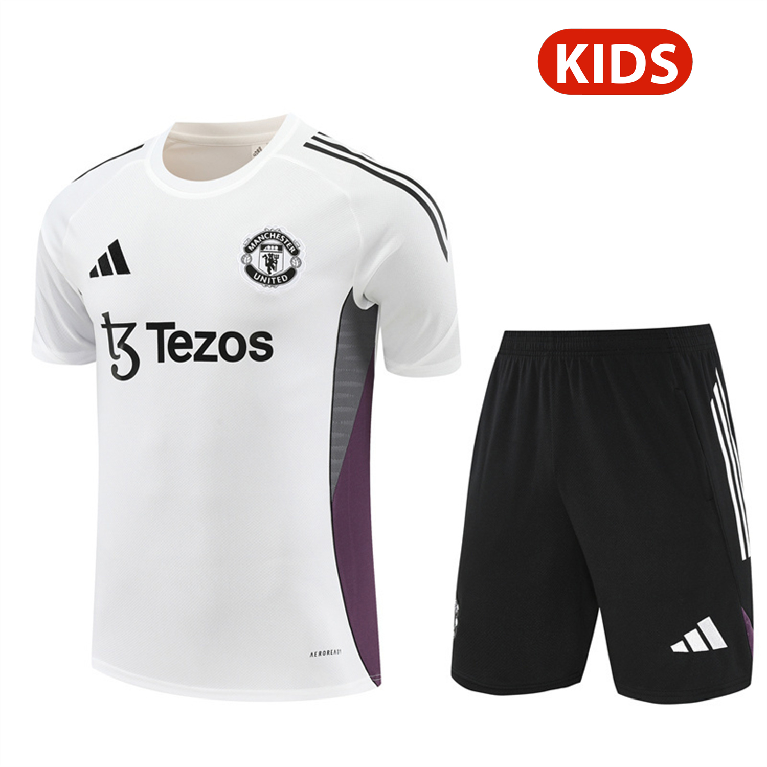 Manchester United 25-26 Kids Short-Sleeve Training Set - White Purple Top & Black Shorts - UnitedFutballJersey