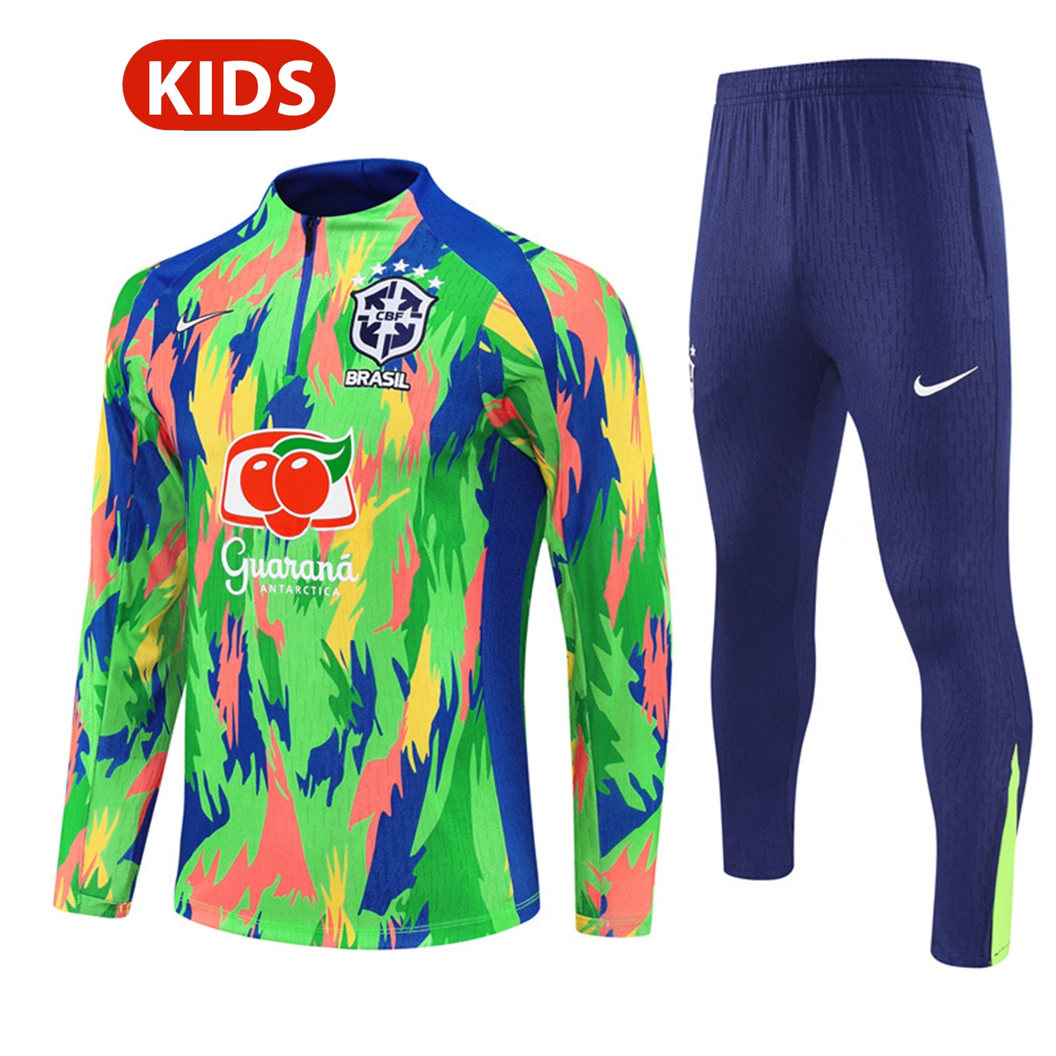 Brazil 25-26 Kids Long Sleeve Training Set - Colorful Camouflage Top & Royal Blue Pants - UnitedFutballJersey