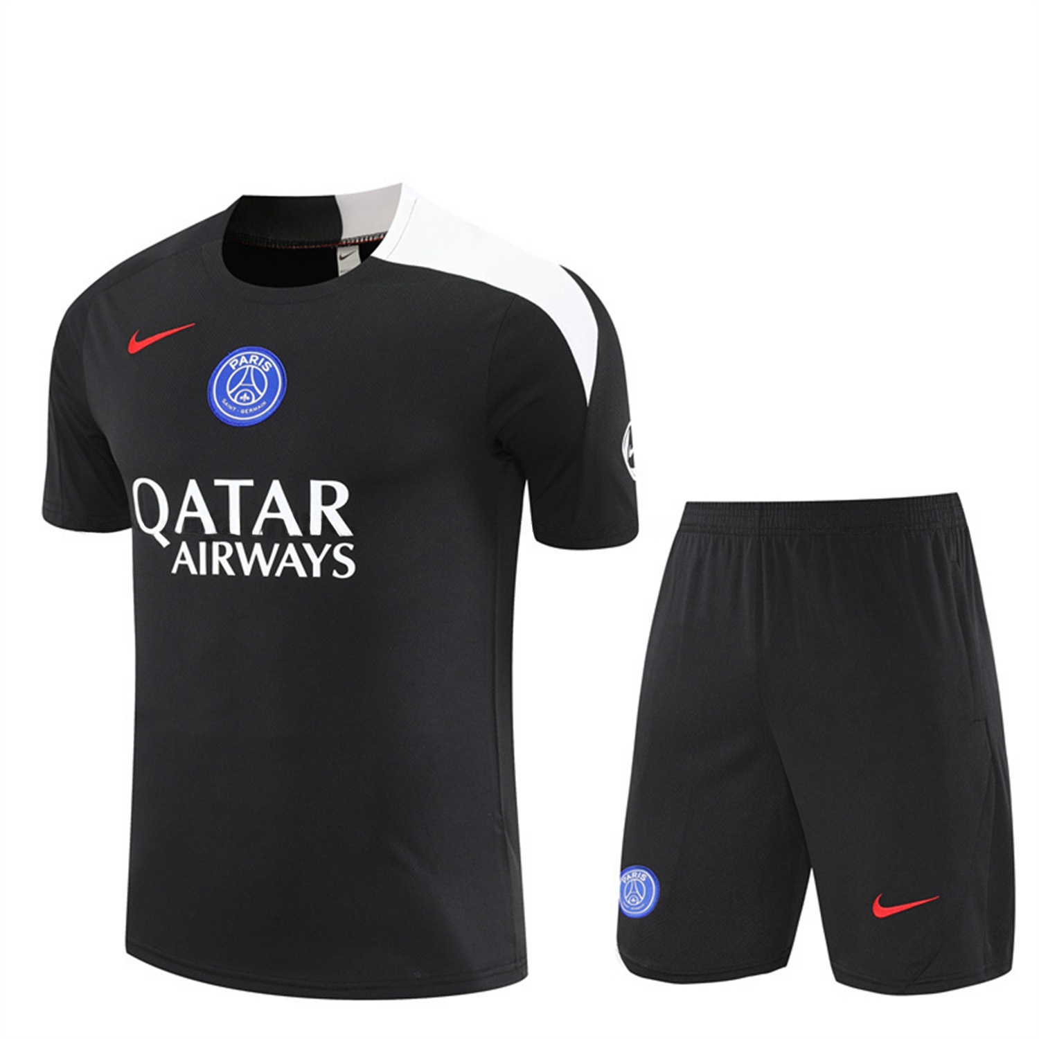 Paris Saint-Germain PSG 25-26 Short-Sleeve Training Set - White Edge Black Top & Black Shorts - UnitedFutballJersey