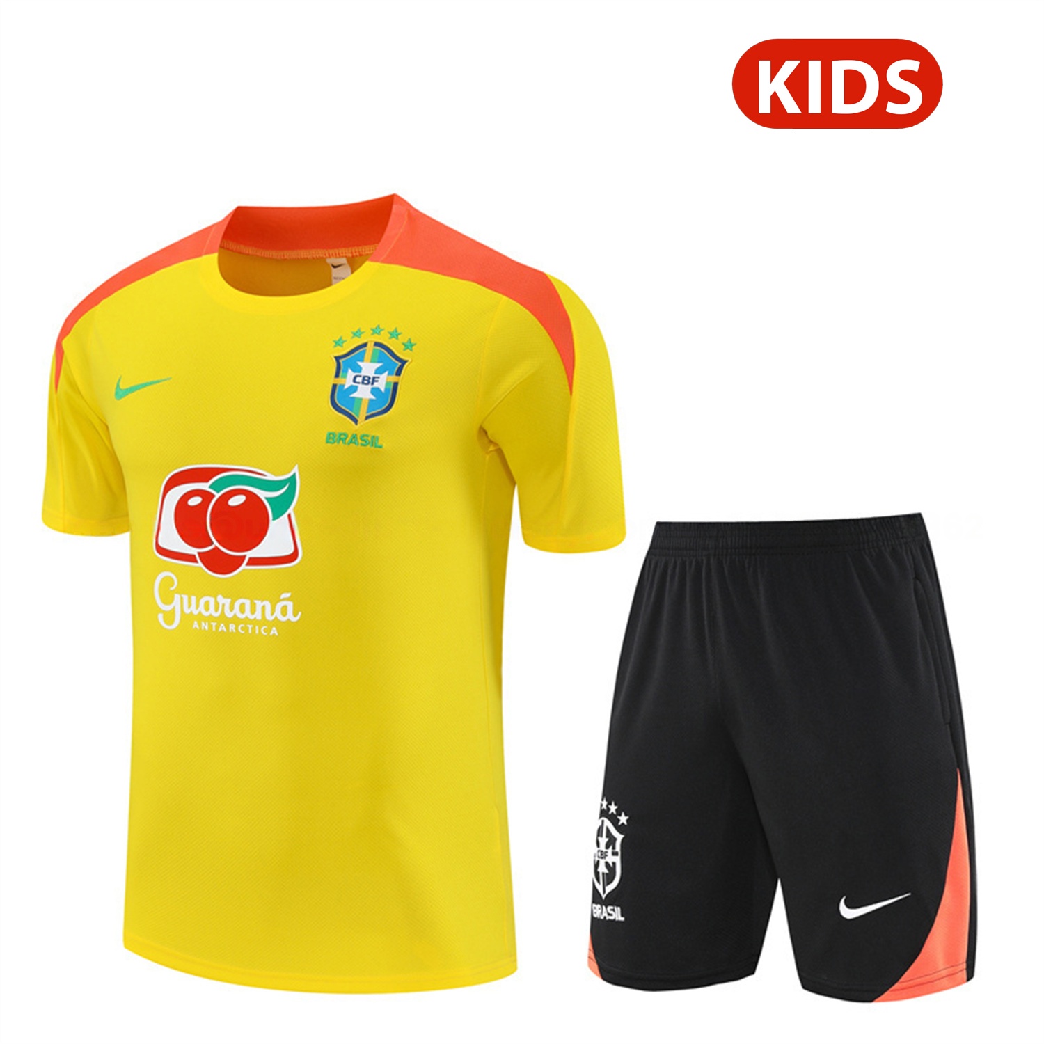 Brazil 25-26 Kids Short-Sleeve Training Set - Yellow Top & Black Shorts - UnitedFutballJersey