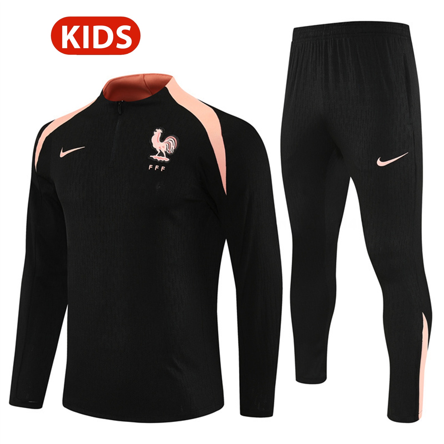 France 25-26 Kids Long Sleeve Training Set - Player Version - Black Top and Pants - UnitedFutballJersey