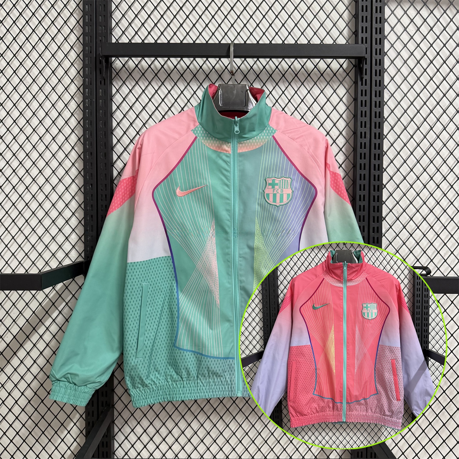 Barcelona 25-26 Double Sided Reversible Windbreaker - Green & Pink - UnitedFutballJersey