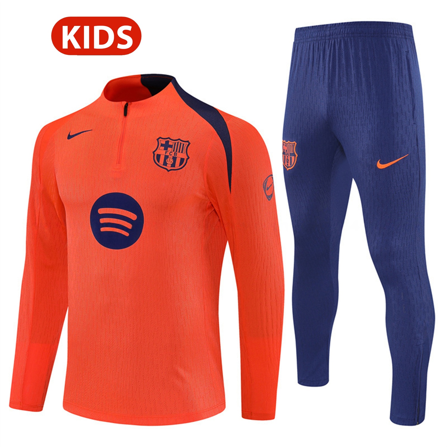 Barcelona 25-26 Kids Long Sleeve Training Set - Orange Top Royal Blue Sponsor & Royal Blue Pants - UnitedFutballJersey