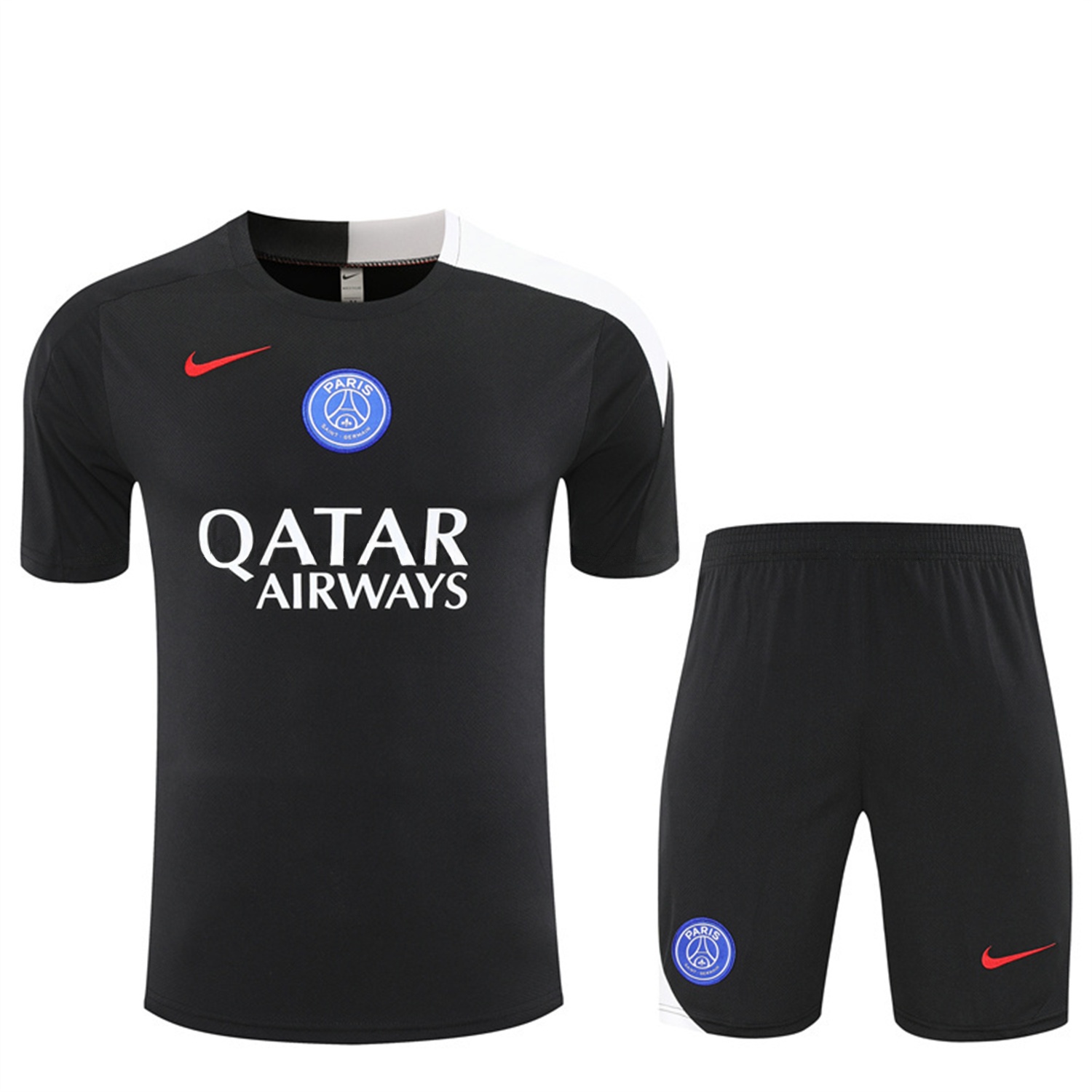 Paris Saint-Germain PSG 25-26 Kids Short-Sleeve Training Set - White Edge Black Top & Black Shorts - UnitedFutballJersey