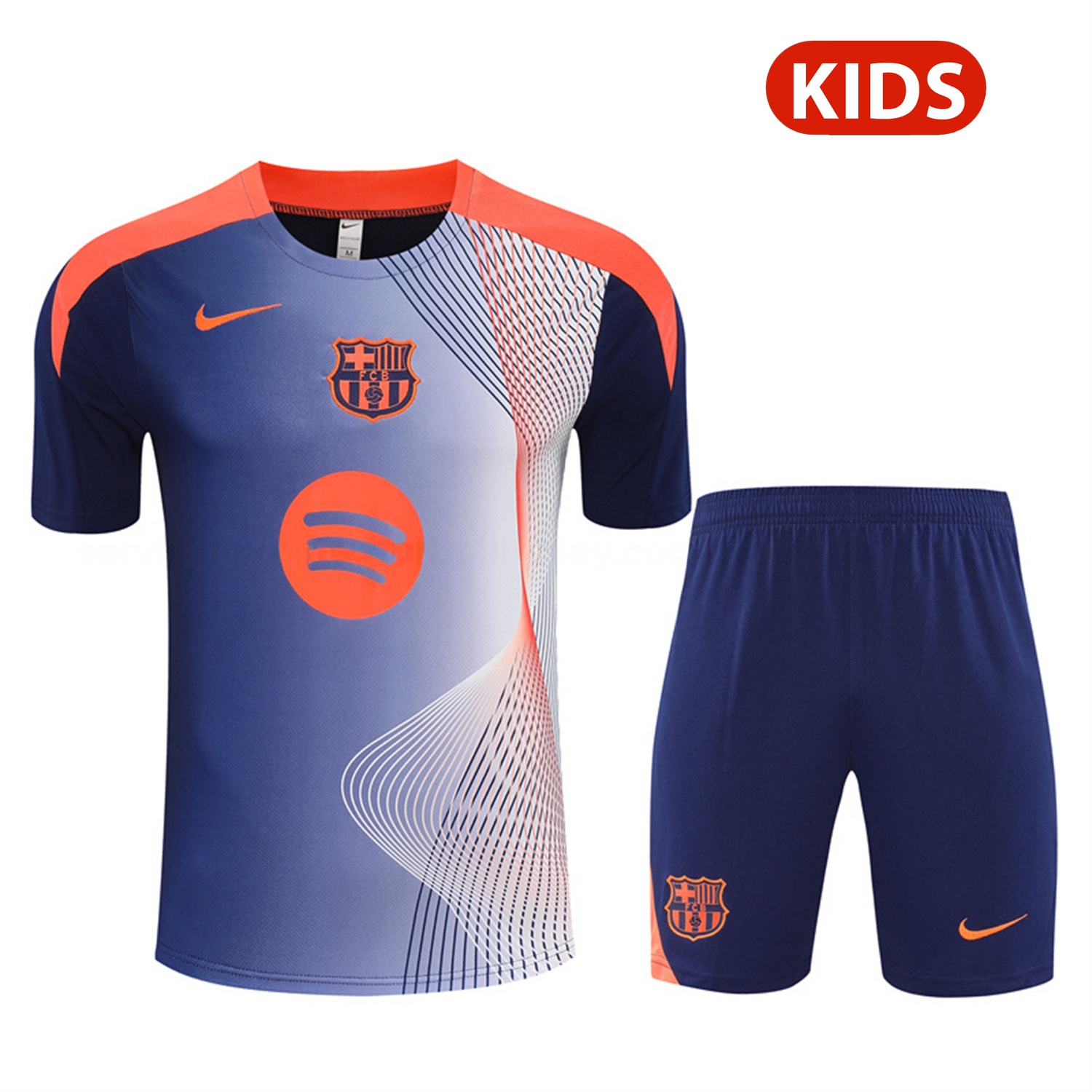 Barcelona 25-26 Kids Short-Sleeve Training Set - Red Blue Line Top & Blue Shorts - UnitedFutballJersey