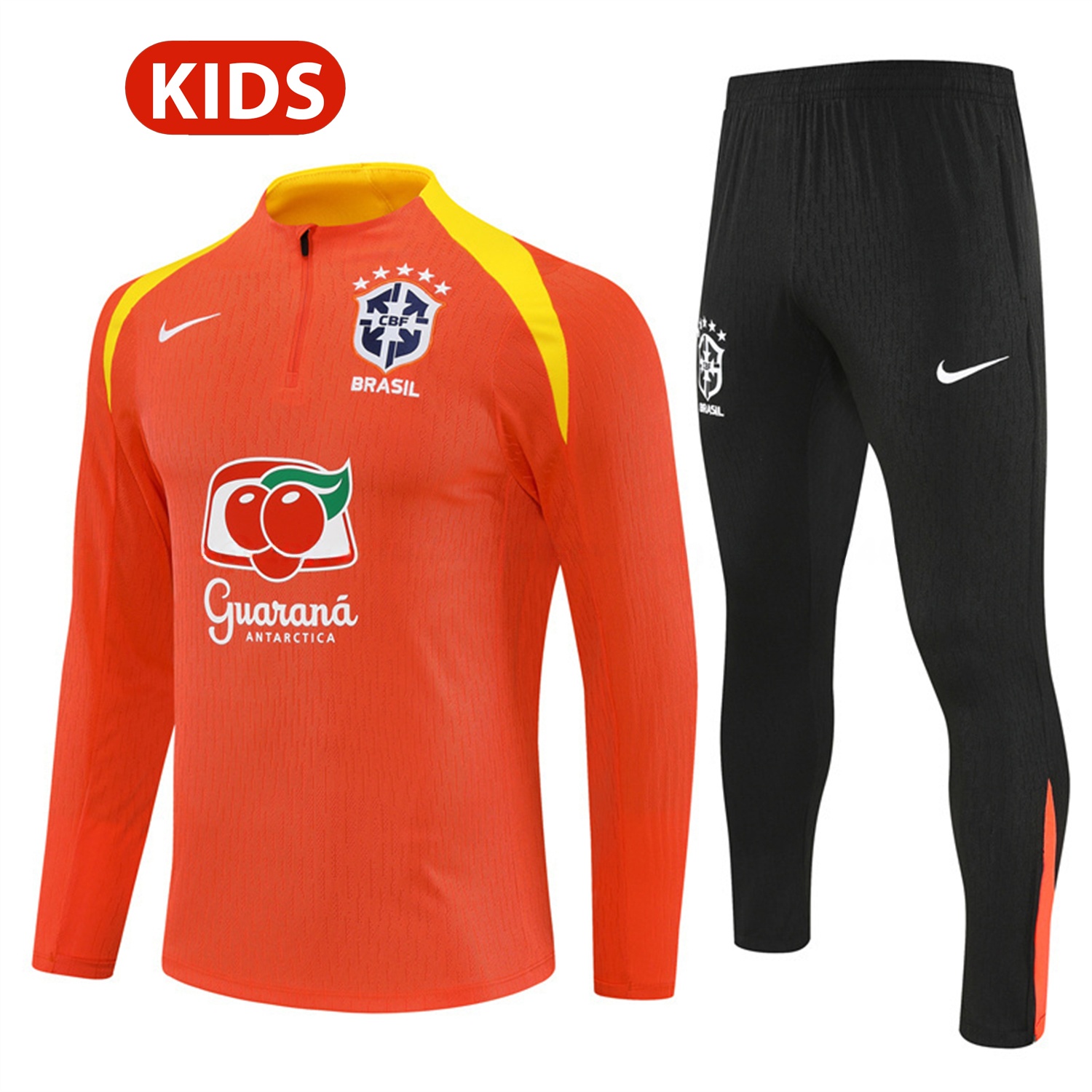 Brazil 25-26 Kids Long Sleeve Training Set - Player Version - Orange Top and Black Pants - UnitedFutballJersey