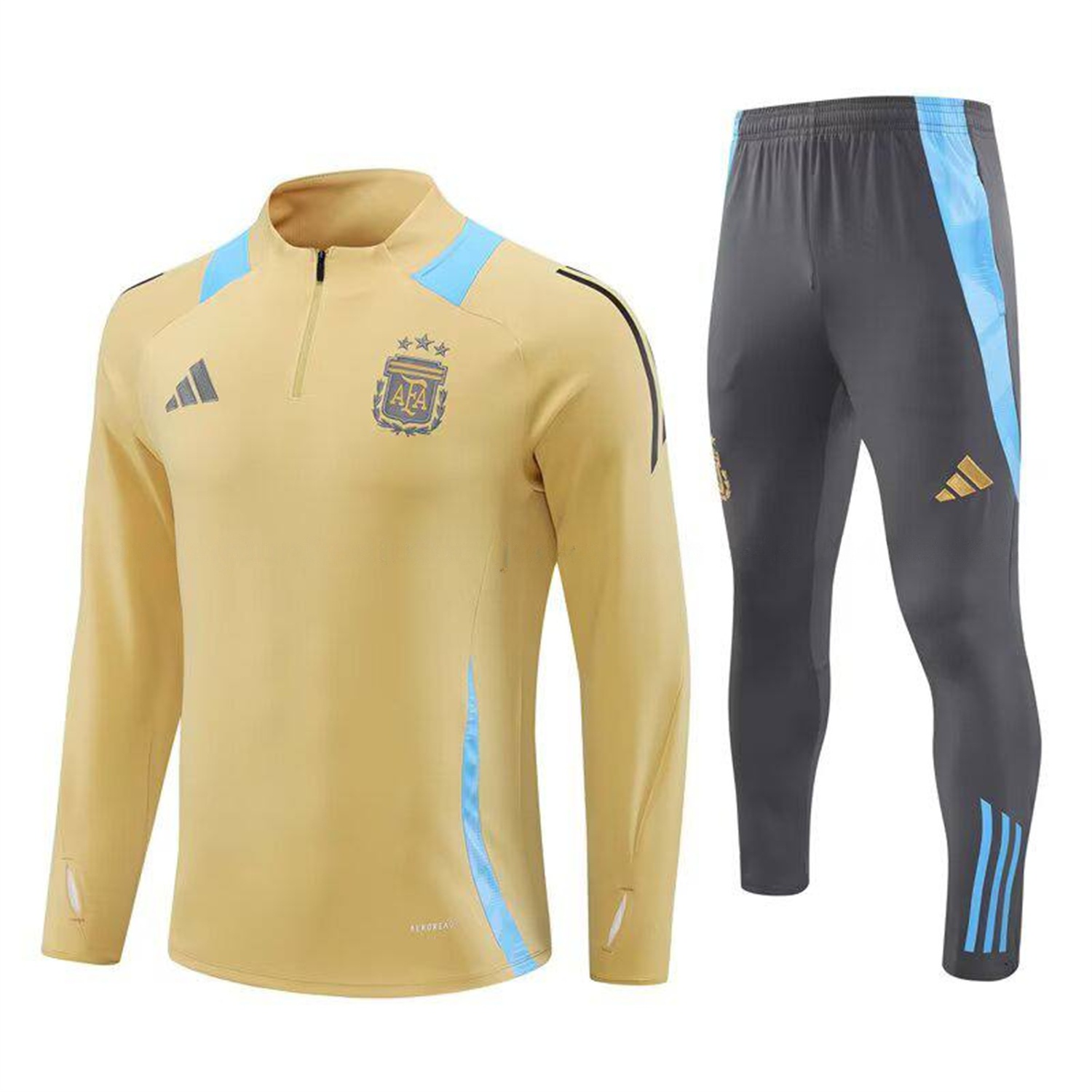 Argentina 25-26 Long Sleeve Training Set - Gold Top and Grey Pants - UnitedFutballJersey