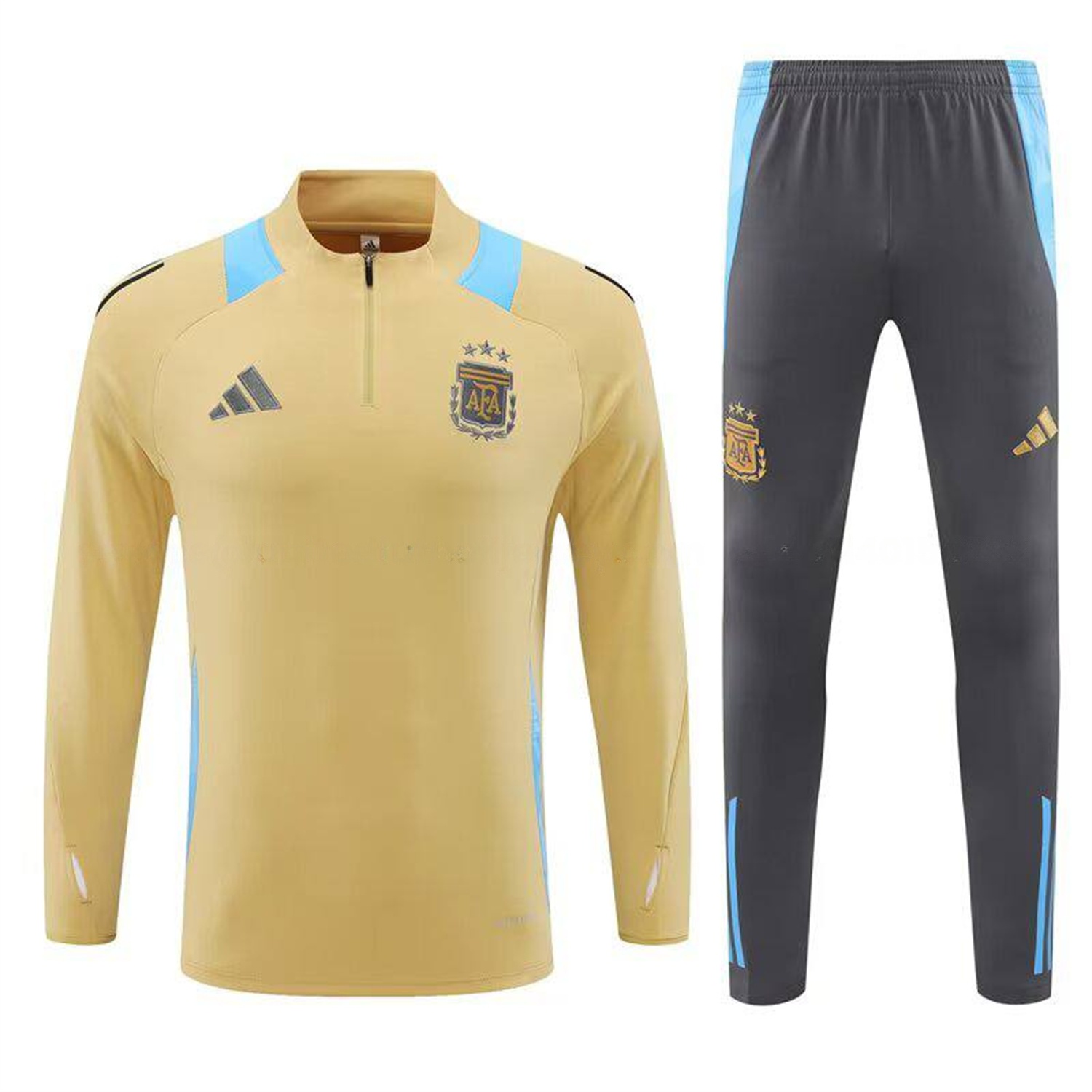 Argentina 25-26 Long Sleeve Training Set - Gold Top and Grey Pants - UnitedFutballJersey