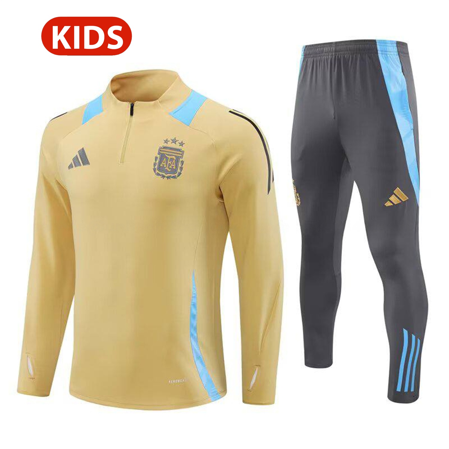 Argentina 25-26 Kids Long Sleeve Training Set - Gold Top and Grey Pants - UnitedFutballJersey