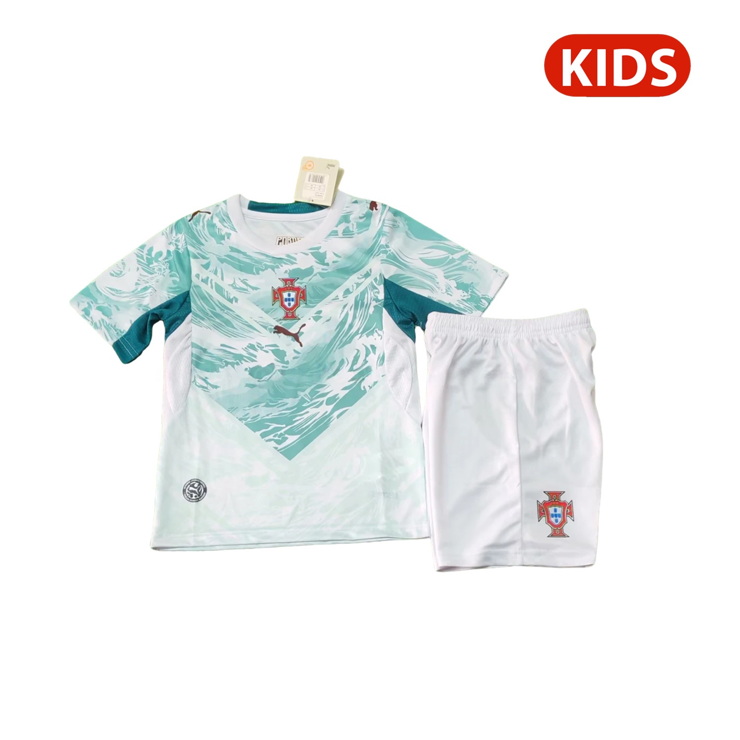 Portugal 2026 Away White And Cyan Kids Kit - UnitedFutballJersey