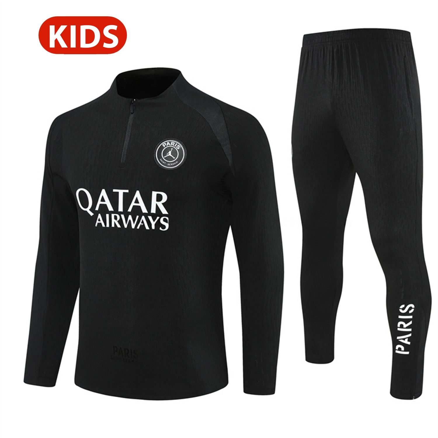 Paris Saint-Germain PSG 25-26 Jordan Kids Long Sleeve Training Set - Pure Black Top & Pants - UnitedFutballJersey