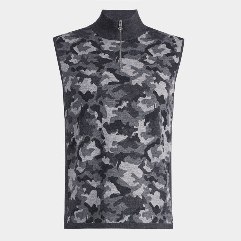 CAMO JACQUARD MERINO WOOL QUARTER ZIP SWEATER VEST