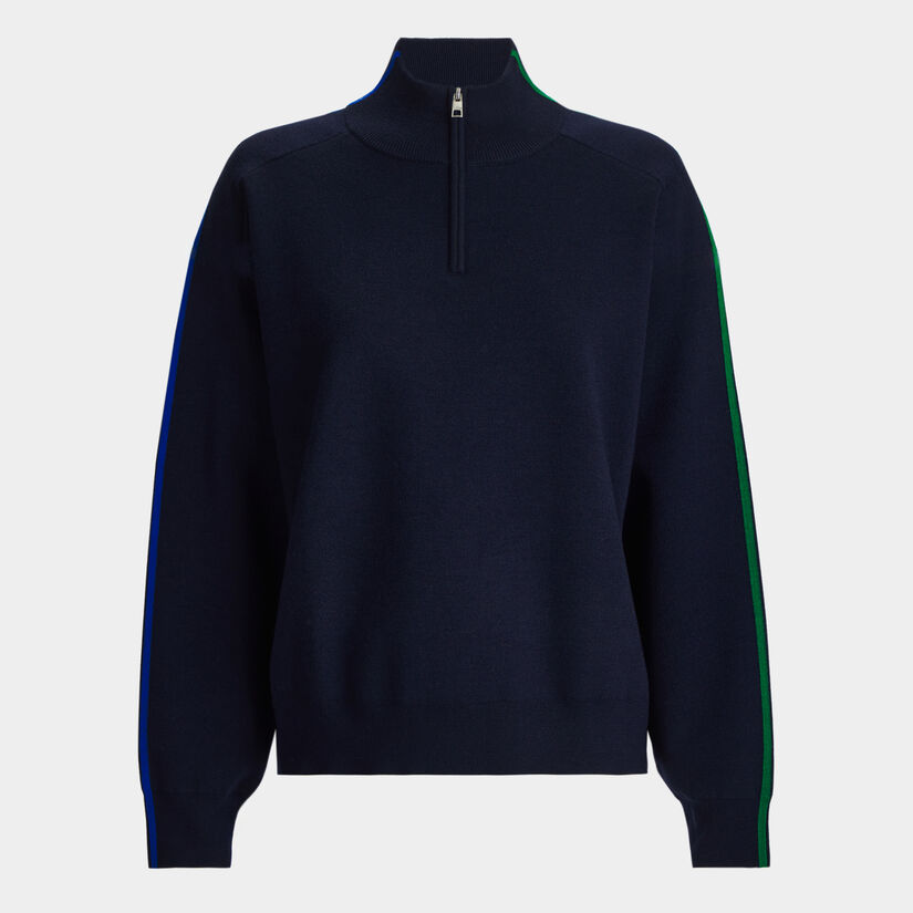 MERINO WOOL CONTRAST STRIPE QUARTER ZIP SWEATER