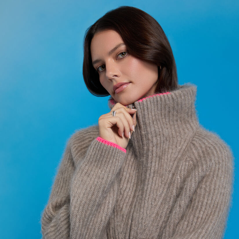 FUNNEL NECK BRUSHED CASHMERE FULL ZIP SWEATER