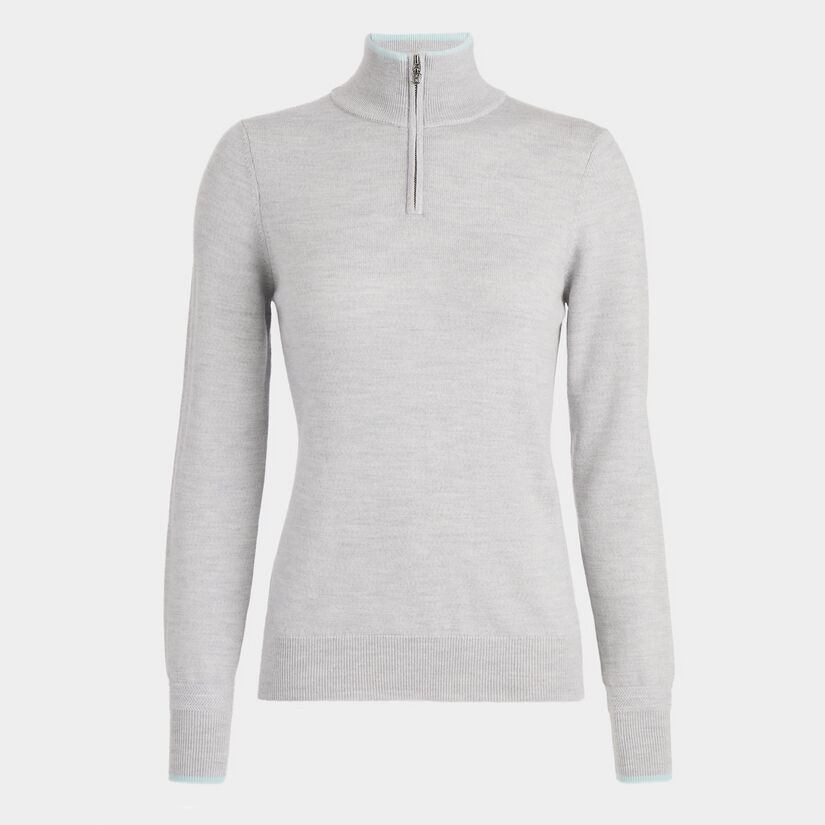 CONTRAST TIPPED MERINO WOOL QUARTER ZIP SWEATER
