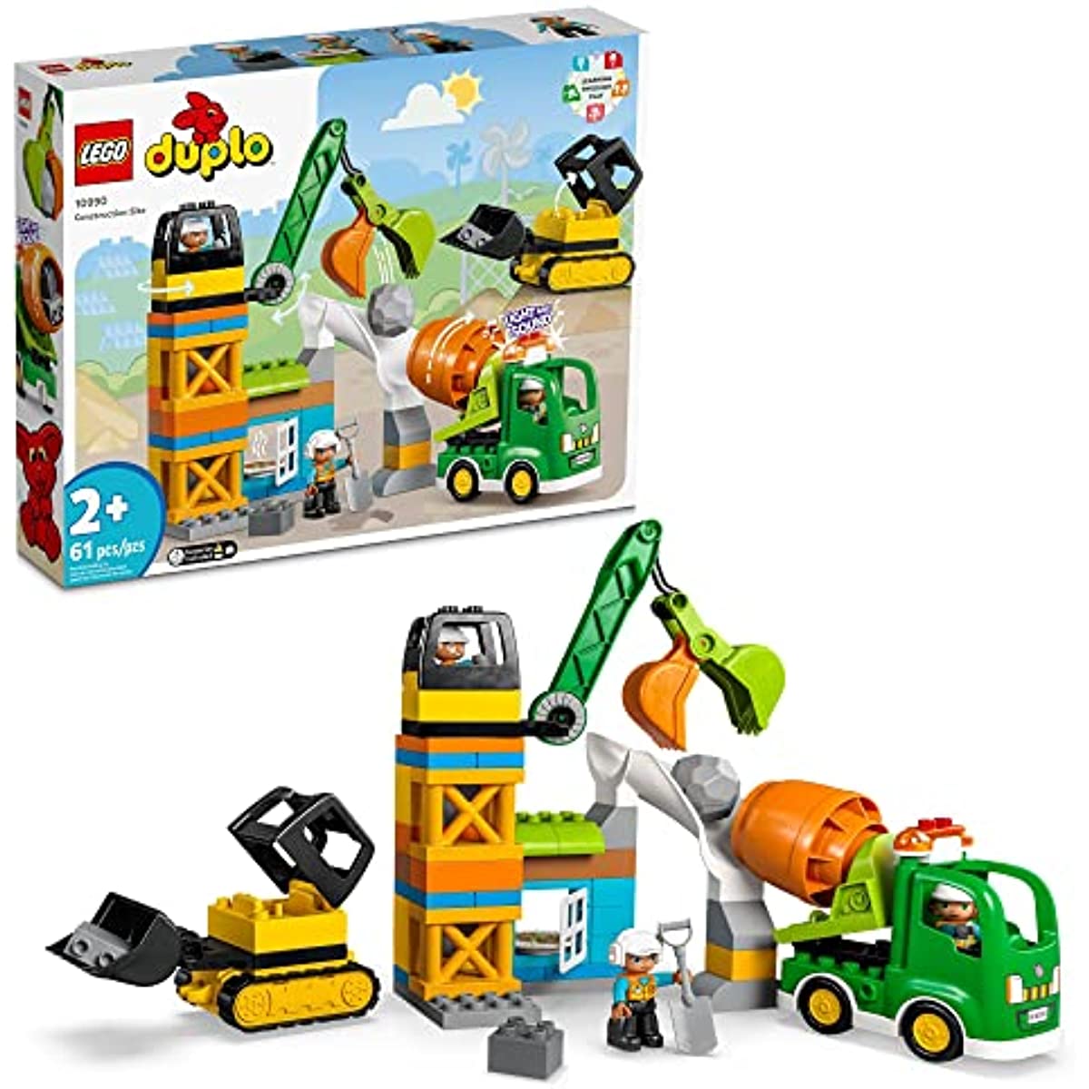LEGO DUPLO Construction Site 10990, Crane Toy, Bulldozer and Cement Mixer, Large Bricks Educational Sensory Toys for 2 Plus Year Old Toddlers, Boys and Girls