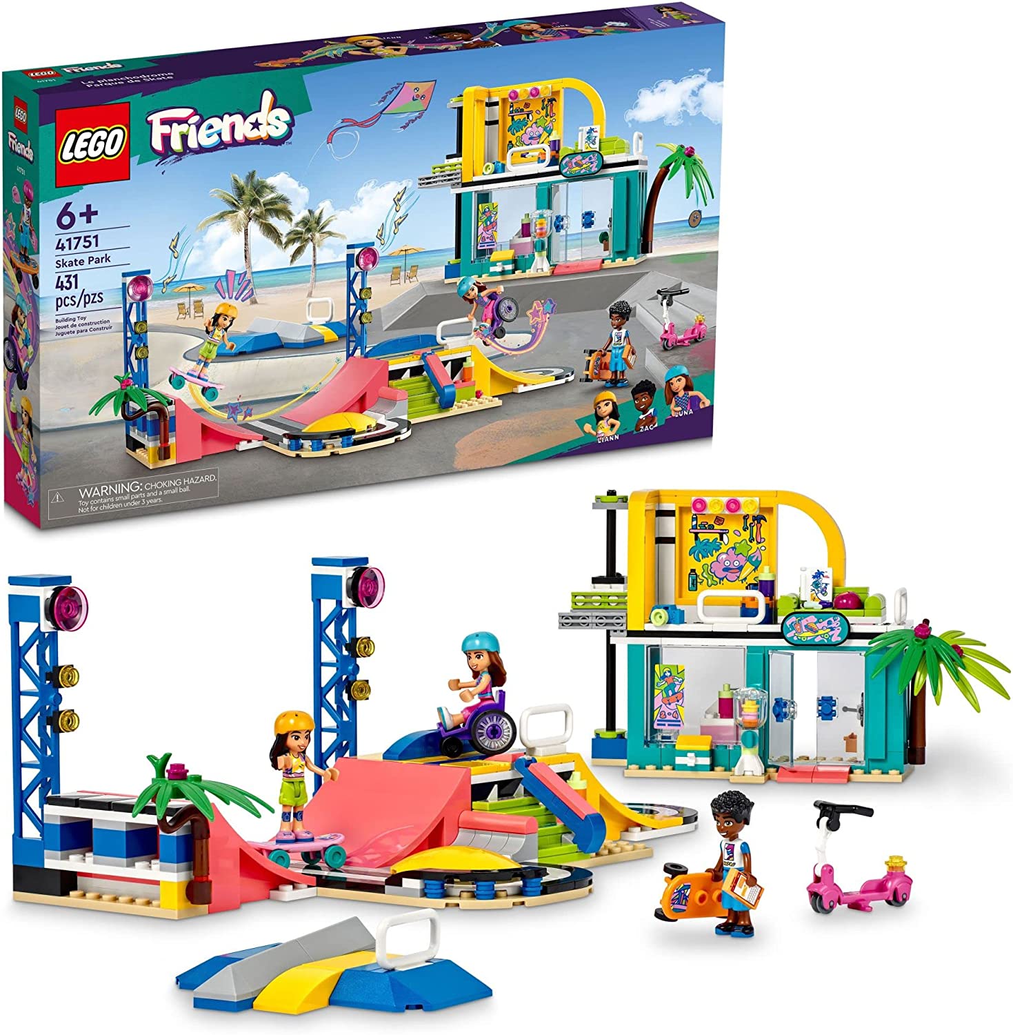 LEGO Friends Skate Park 41751, Skateboard Toys for Girls and Boys Ages 6 Plus, Mini-Doll Playset with Toy Scooter and Wheelchair, Birthday Gift Idea
