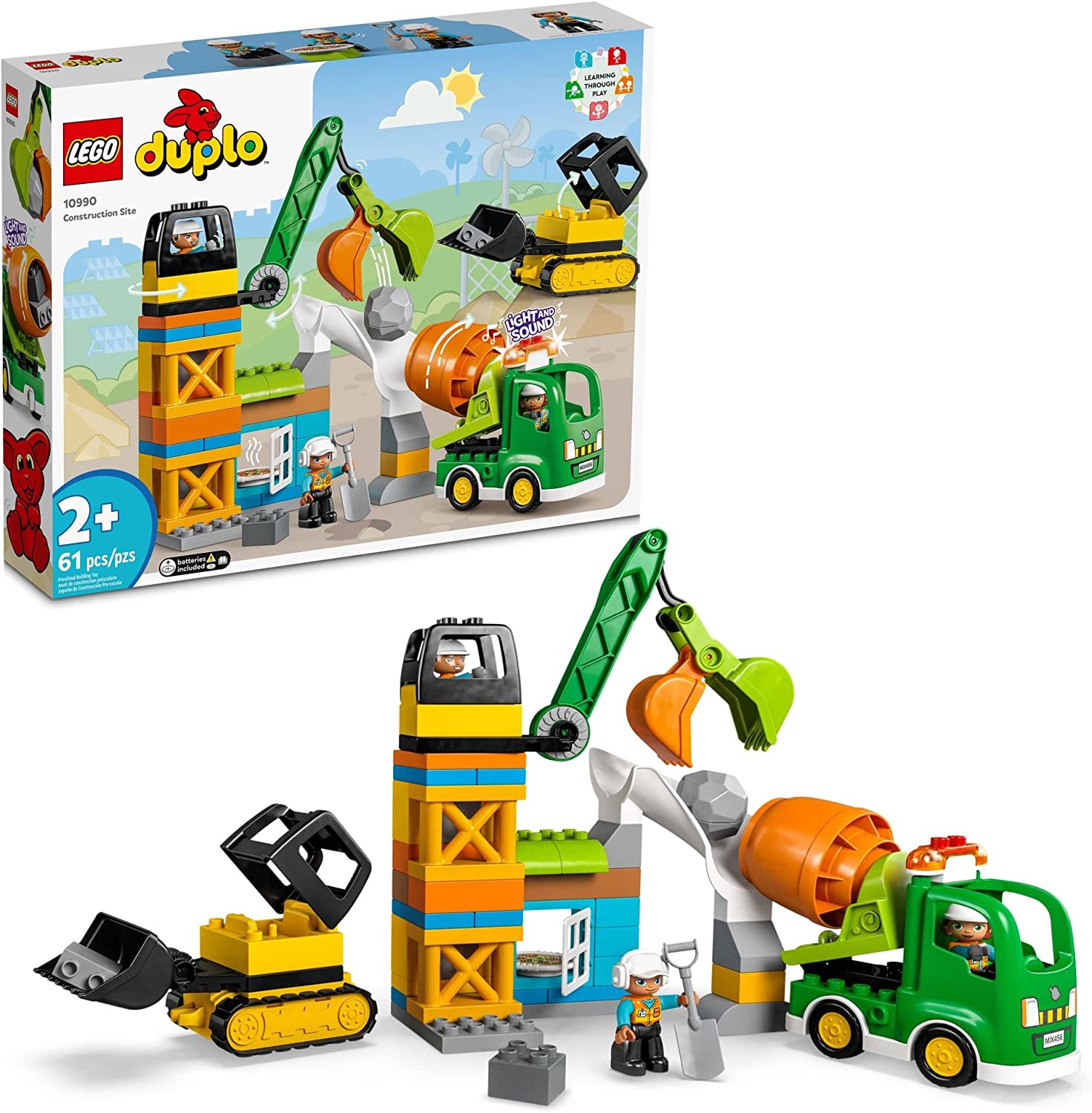 LEGO DUPLO Construction Site 10990, Crane Toy, Bulldozer and Cement Mixer, Large Bricks Educational Sensory Toys for 2 Plus Year Old Toddlers, Boys and Girls