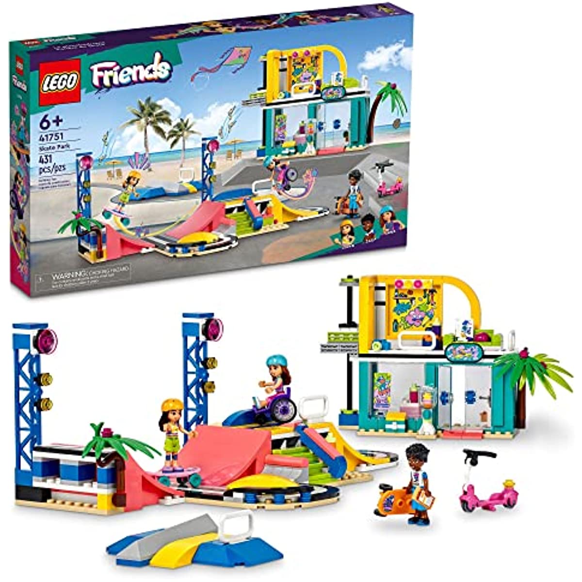 LEGO Friends Skate Park 41751, Skateboard Toys for Girls and Boys Ages 6 Plus, Mini-Doll Playset with Toy Scooter and Wheelchair, Birthday Gift Idea