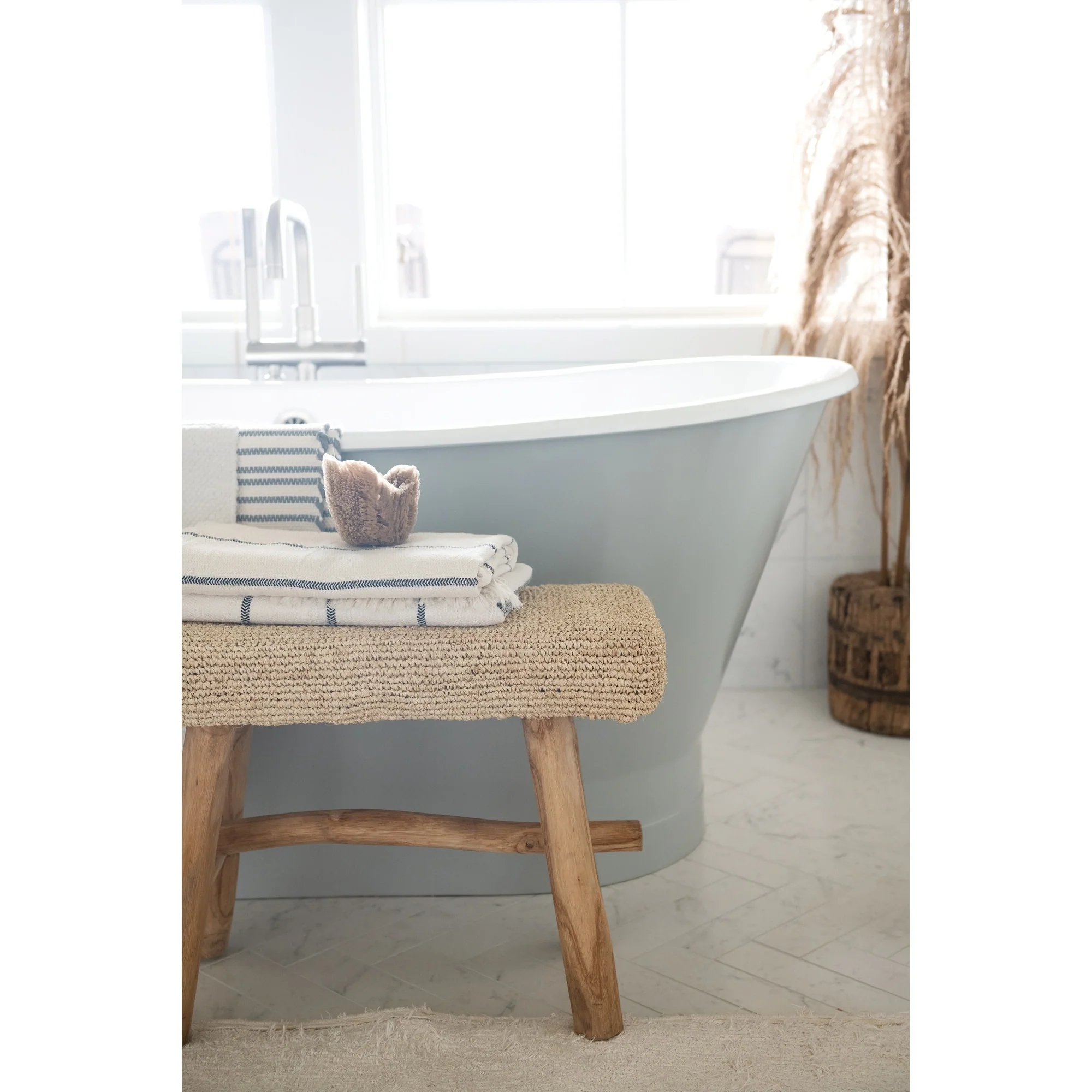 Woven Mendong and Teakwood Stool