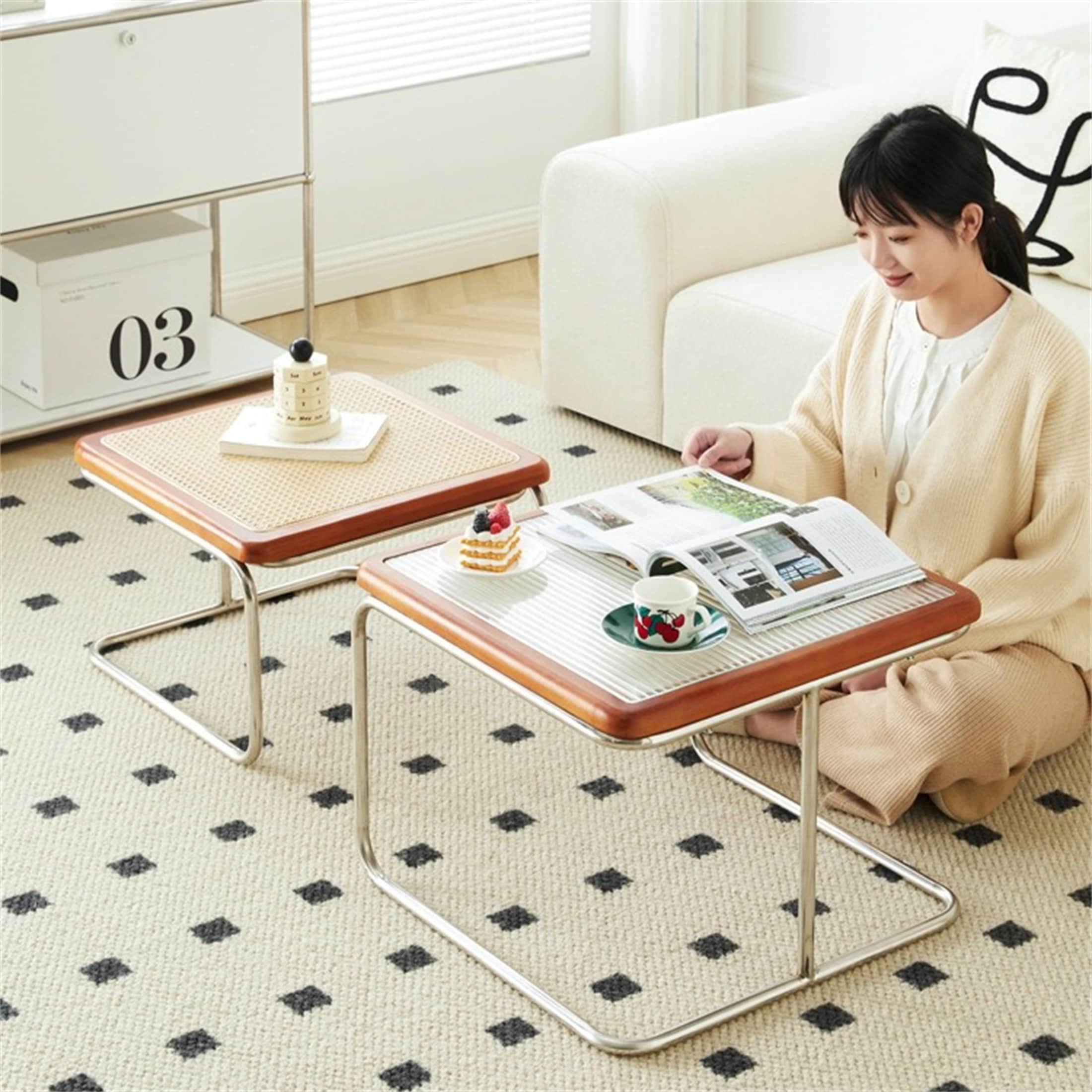 Cherry Rattan & Glass Nesting Tables