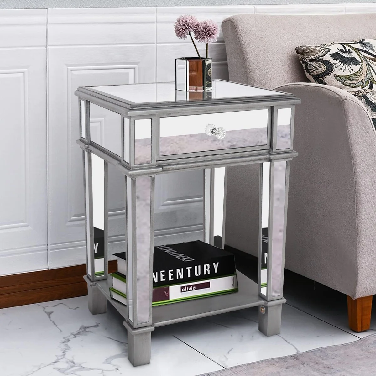 1-drawer Mirrored Accent End Table