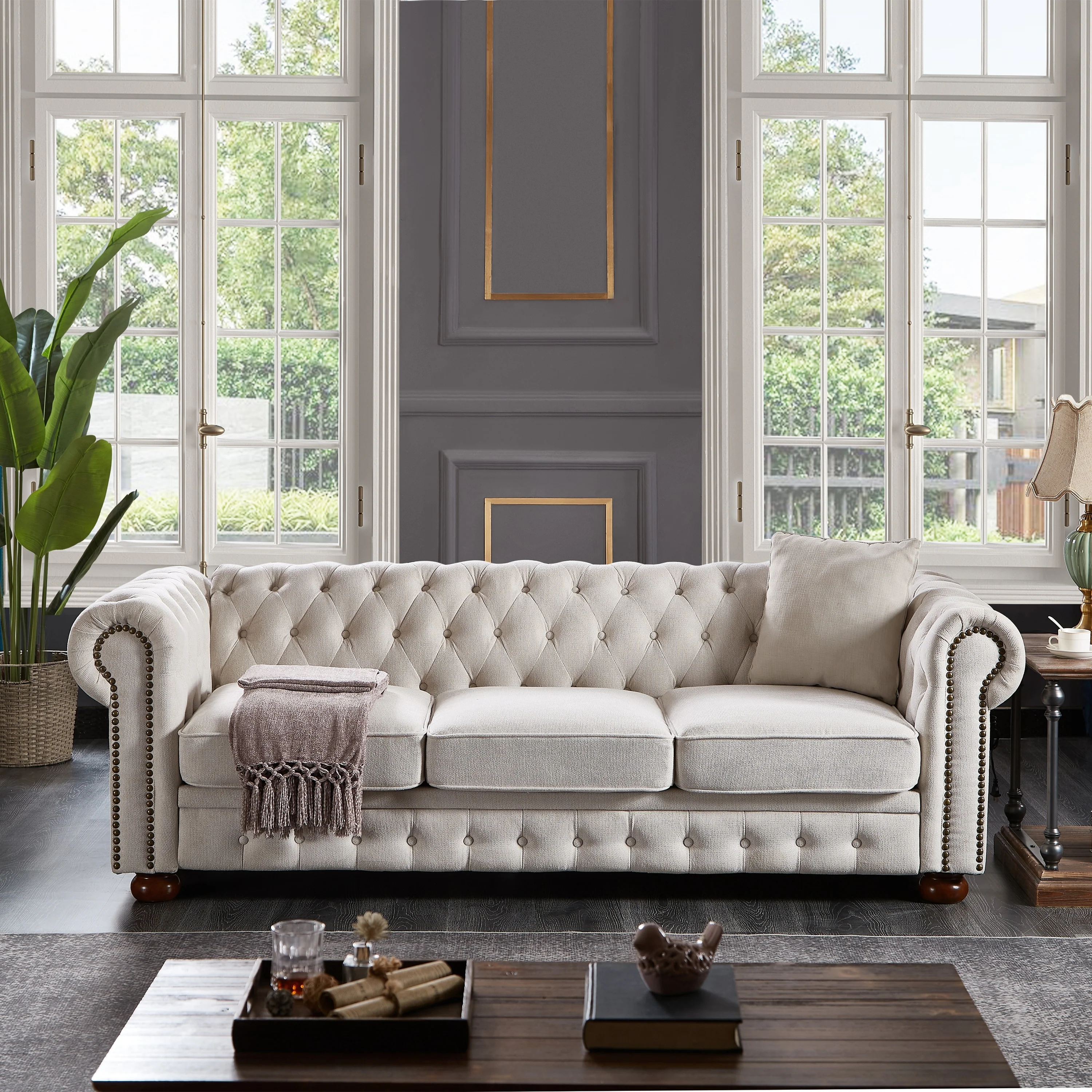 Chesterfield sofa in linen fabric