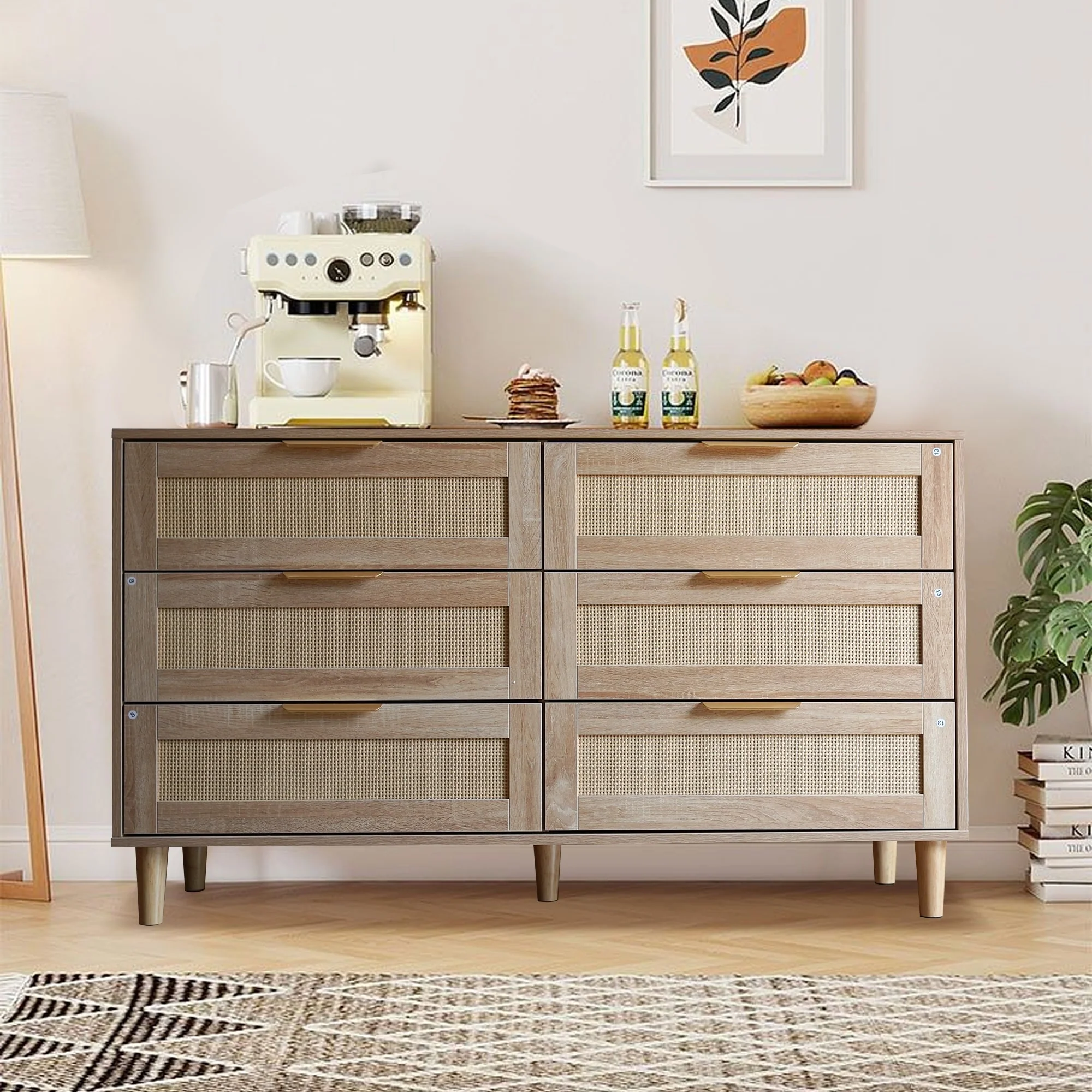 Modern 6-Drawer Rattan Wood Dresser