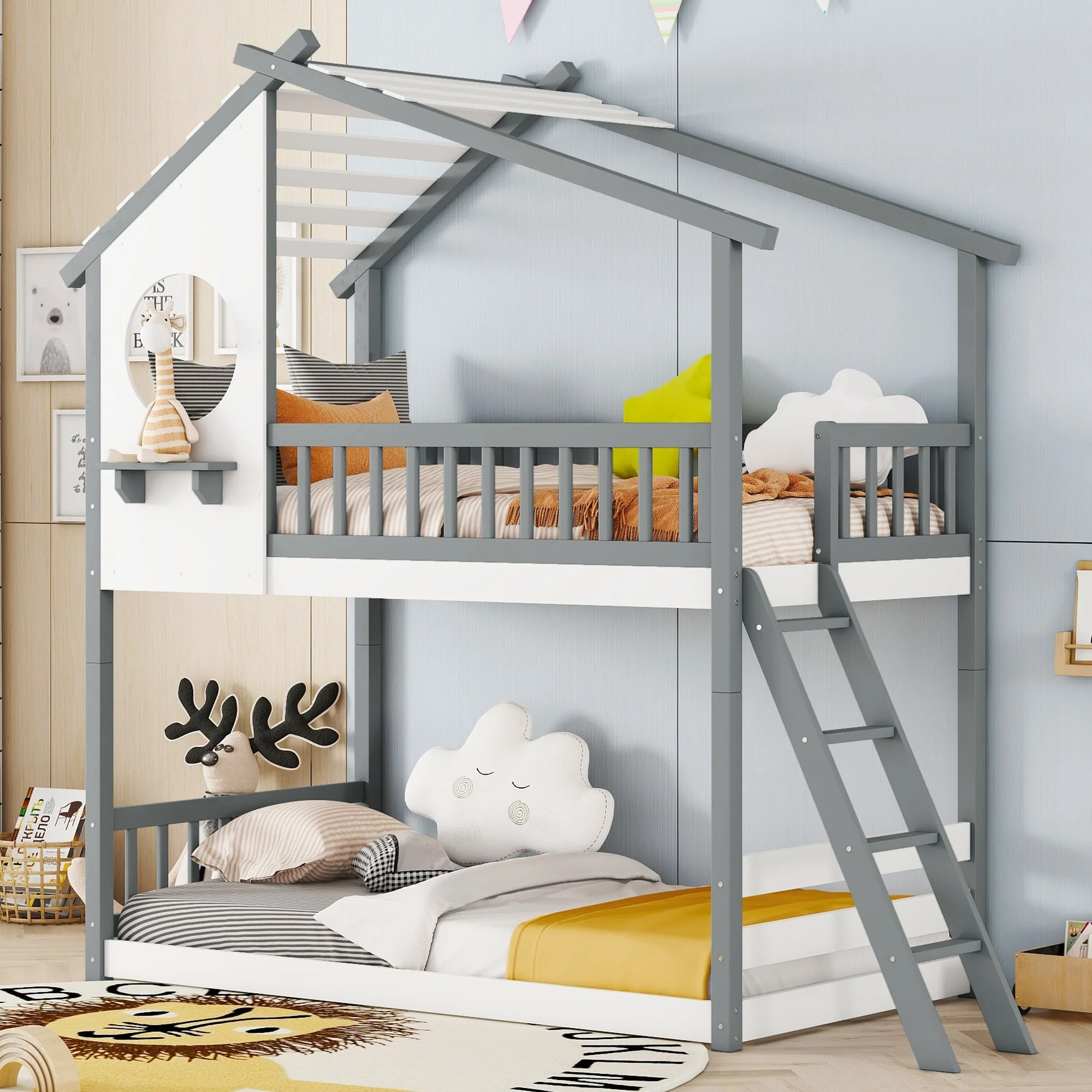 Over Bunk Bed Wood Bed with Roof