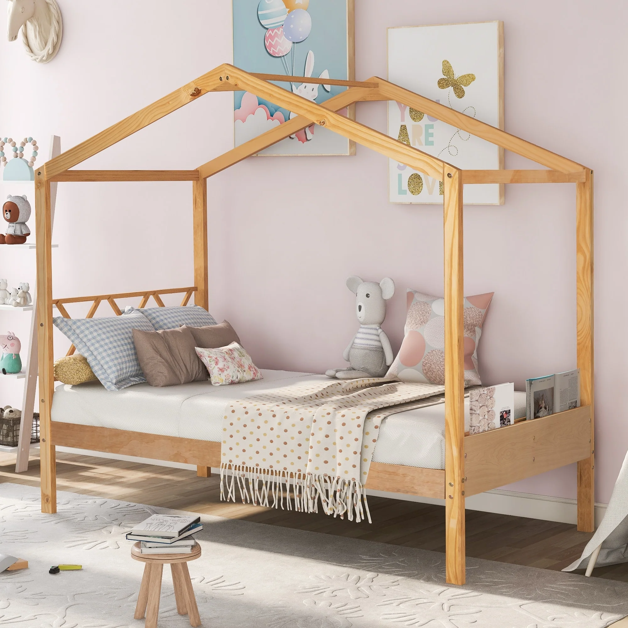 Wood House Bed with Storage Space
