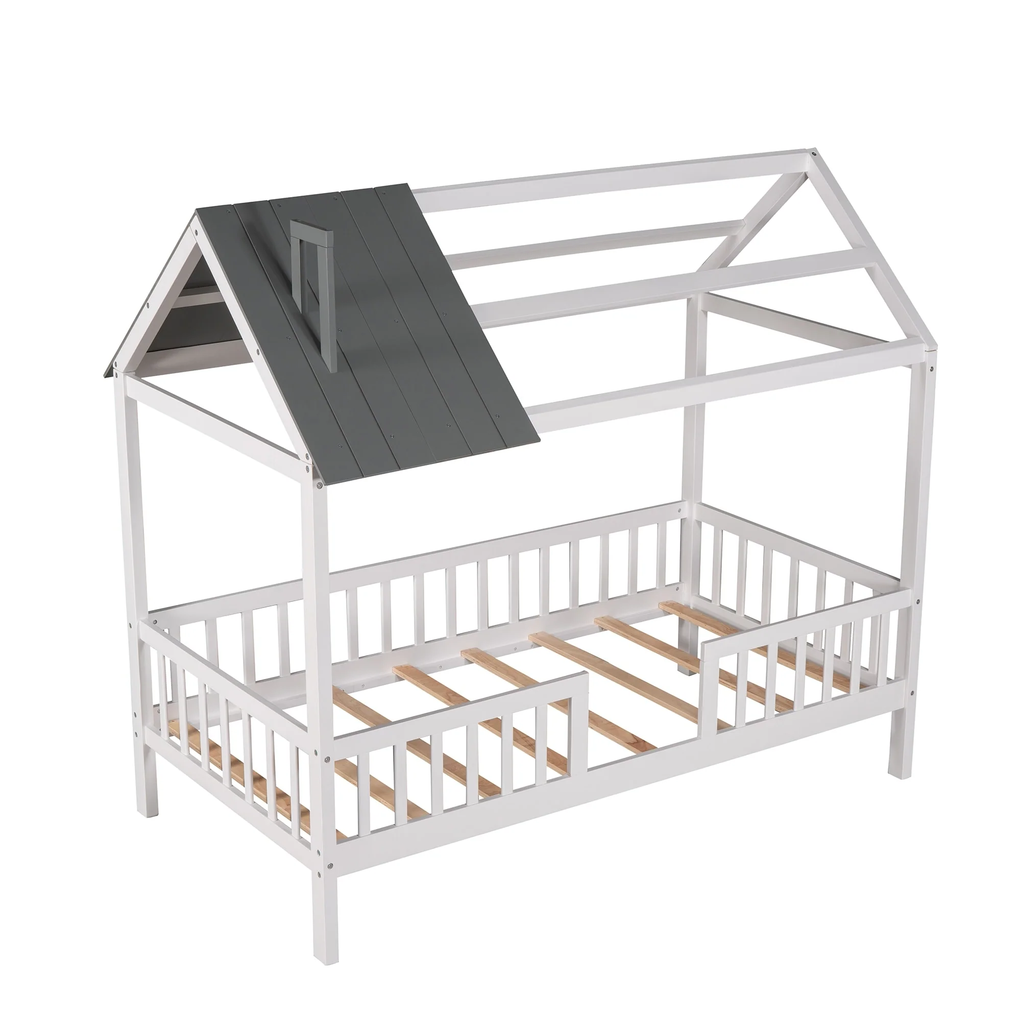 Wood House Bed with Fence