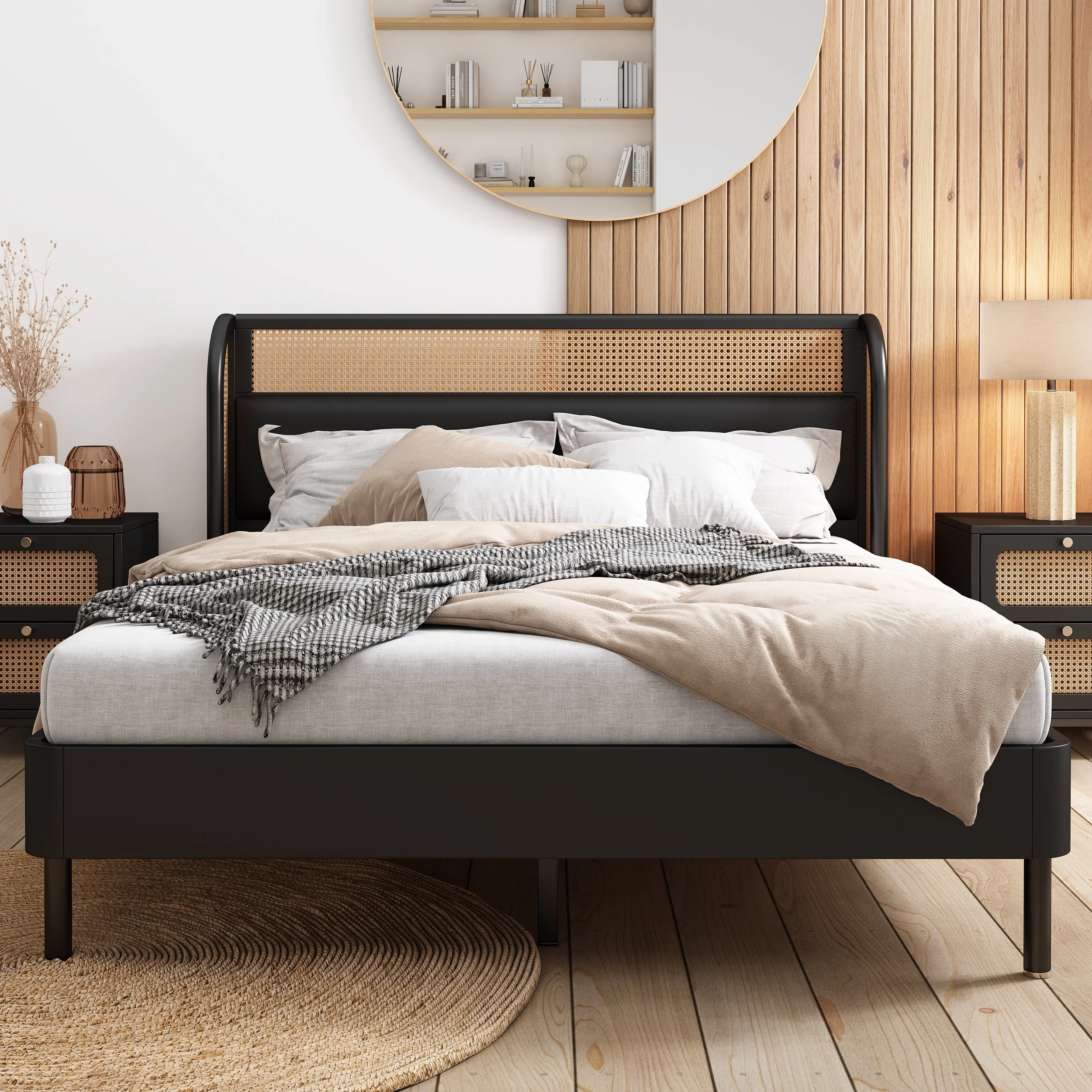 Rattan Wood Platform Queen Bed