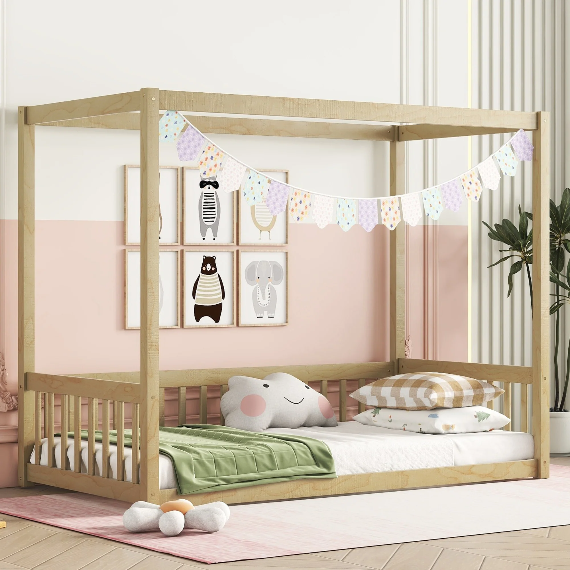 Canopy Frame Floor Bed with Fence