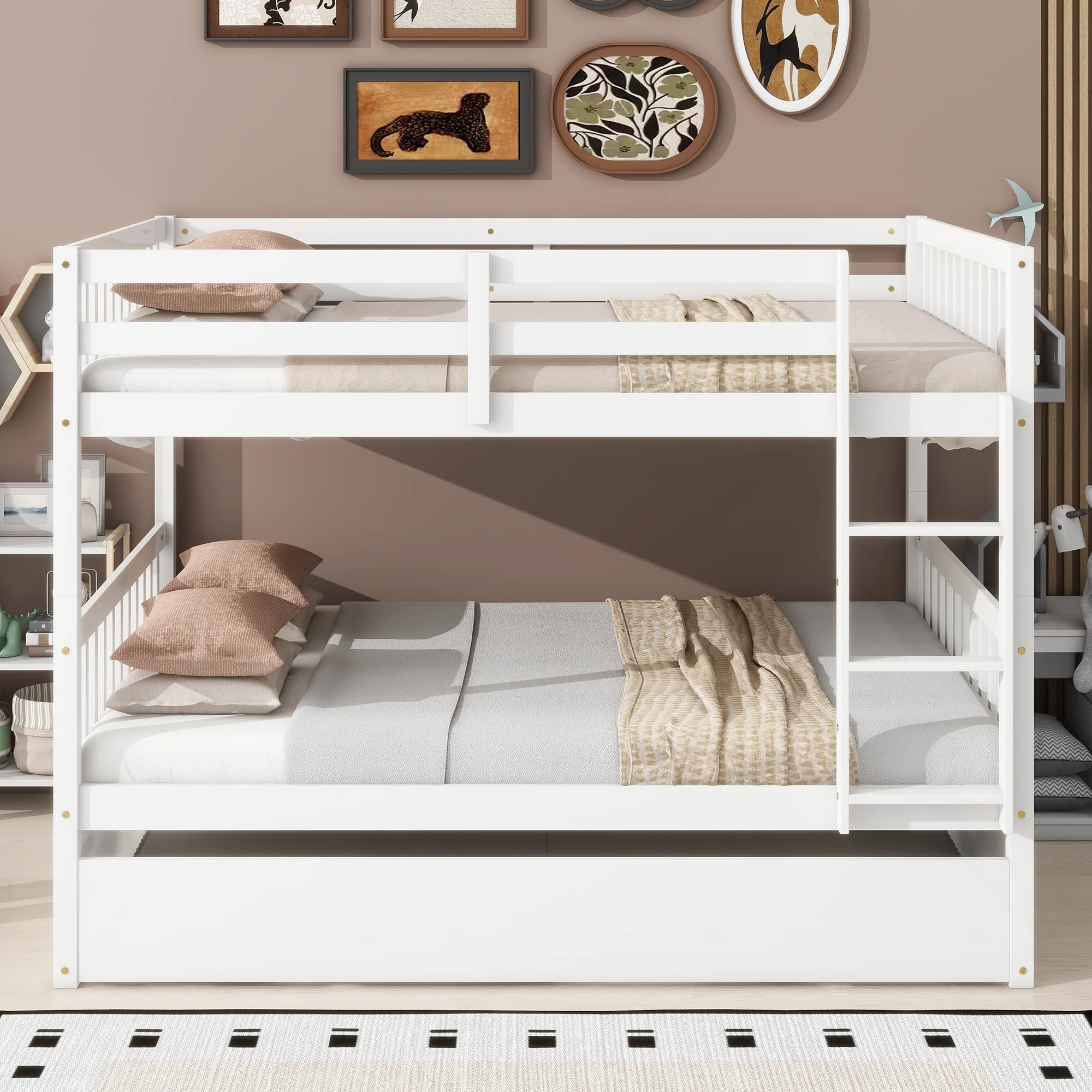 Rubber Wood Bunk Bed with Trundle
