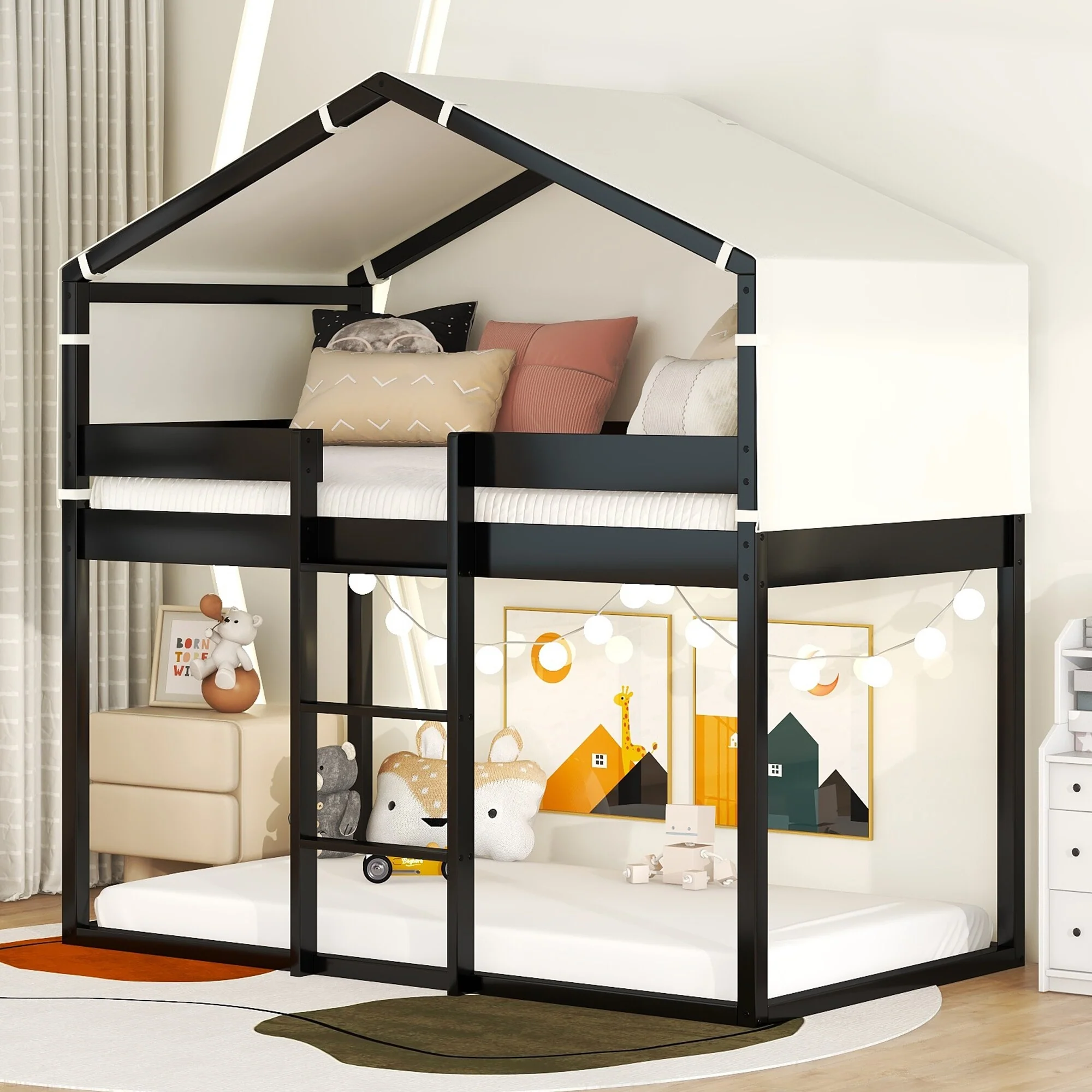 Over Bunk Bed Wood Bed with Tent