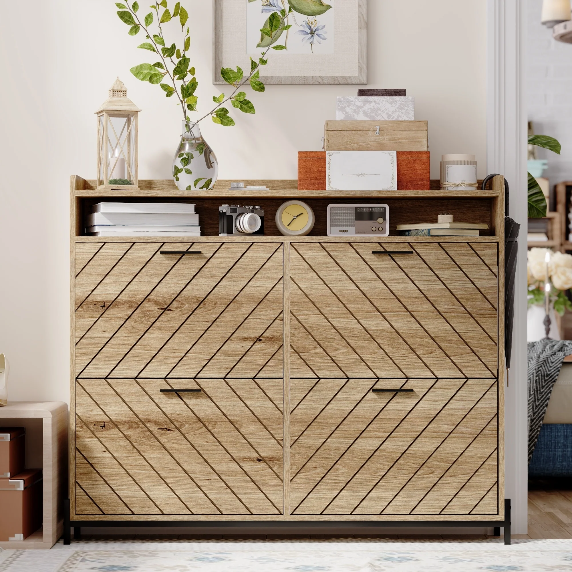 Rustic Grey Oak 4-Shelf Shoe Cabinet