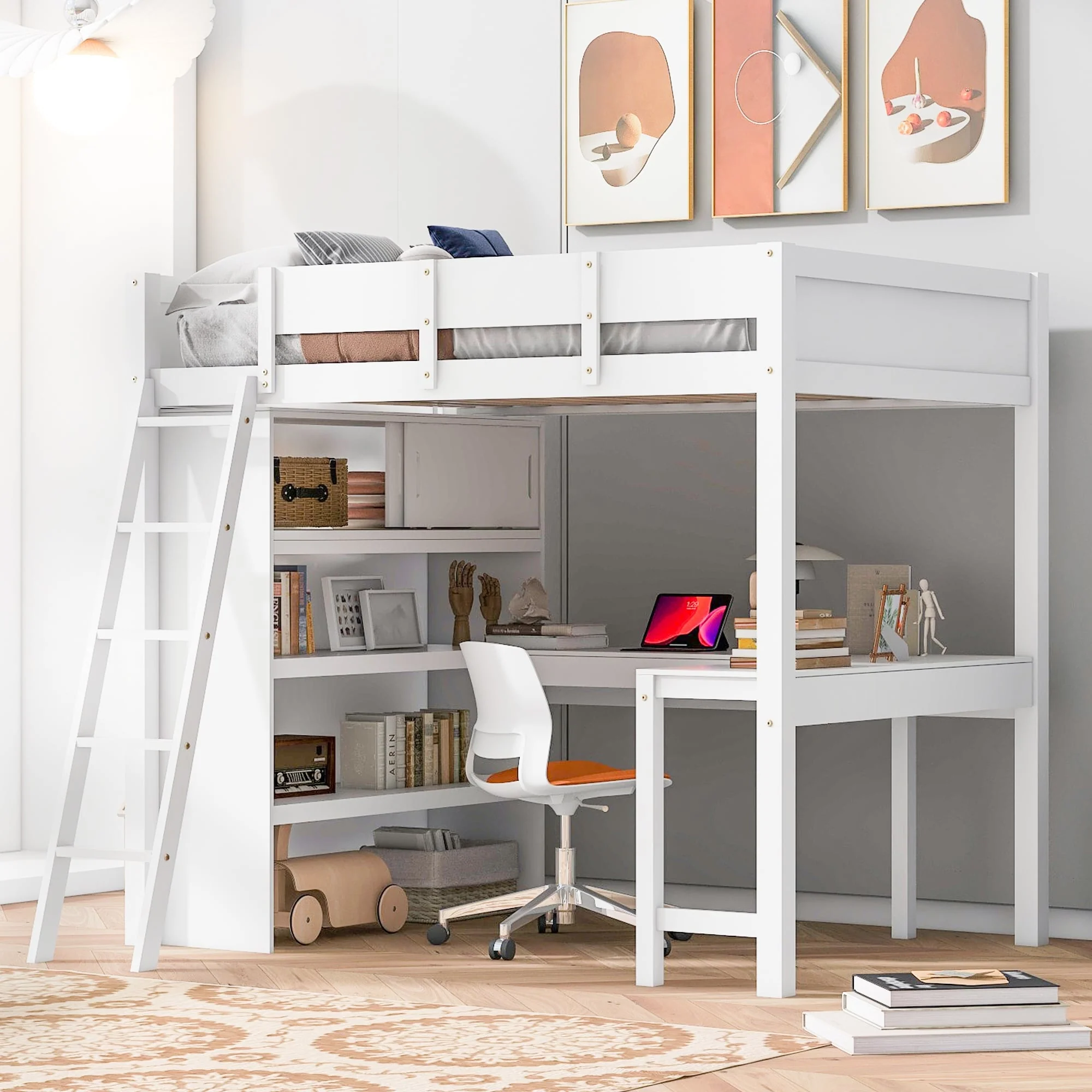 Loft Bed with Desk and Shelf - White